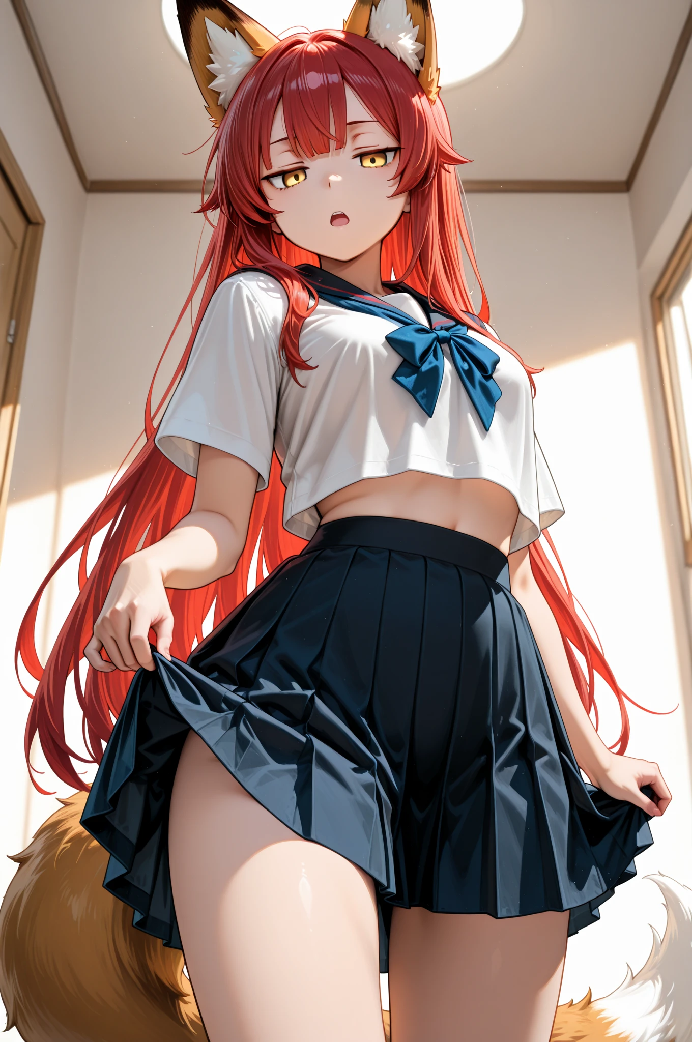 masterpiece, best quality, nsfw,
1girl, view from below,
lift up the pleated skirt, sailor suit,
white sexy panties, red hair, embarrassed face,
bedroom, late night,