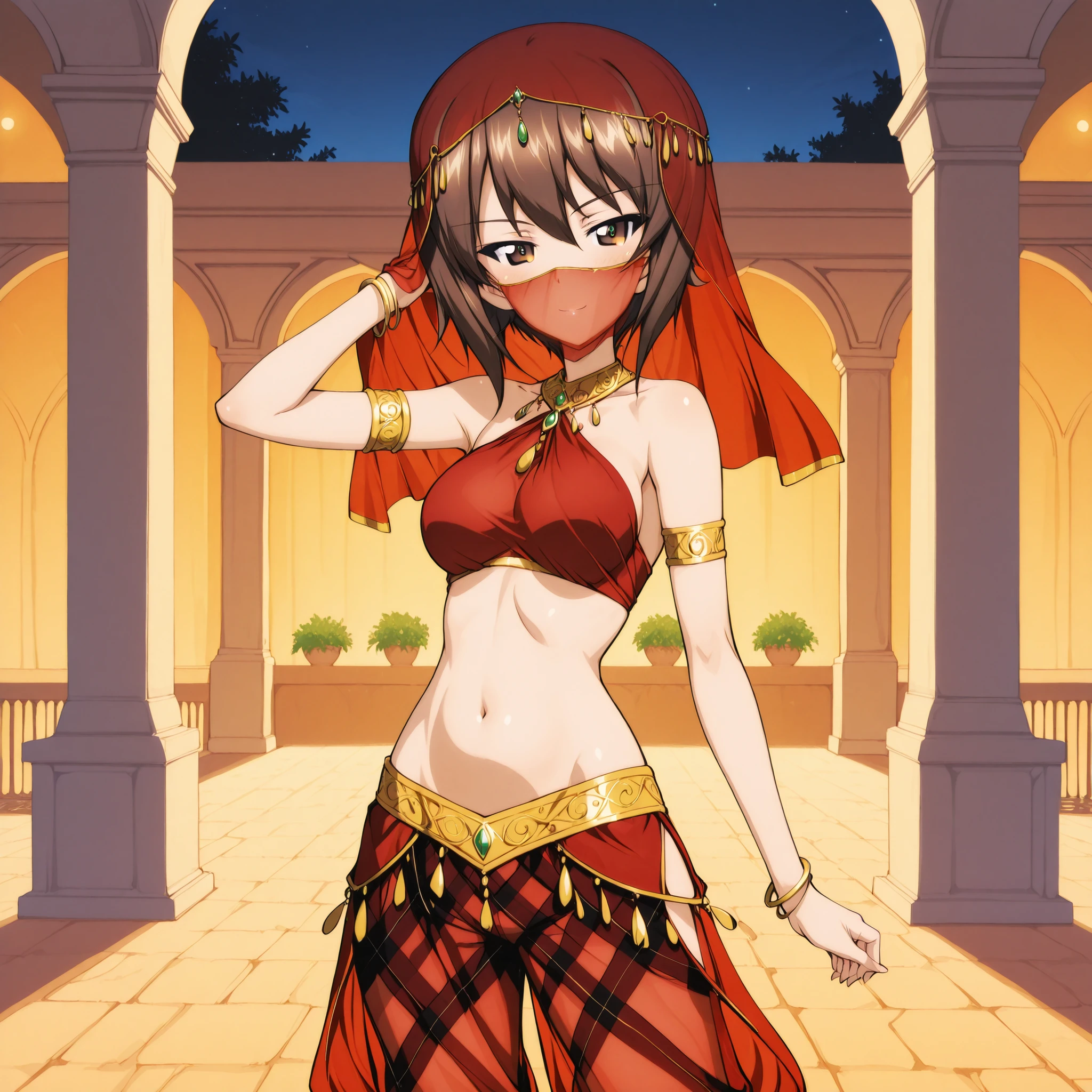 1girl:1 . 5) , (Seul:1 . 5) , score_9 , score_8_haut , score_7_haut , source_anime , Official work  , ultra-detailed , masterpiece , best quality plaid shorts , high res , beaux yeux , detailed eyes , Detailed Face , beautiful detailed eyes ,Girls Und Panzer,Nishizumi Maho, Arabian Clothes , Arabian Dancer ,belly dancer costume , face veil, veil , golden jewelery,harem outfit, harem skirt, harem pants, transparent pants, belly dancing, harem veil , night, arabian garden , seductive smile, dancing with veil, dynamic movement, seductive pose