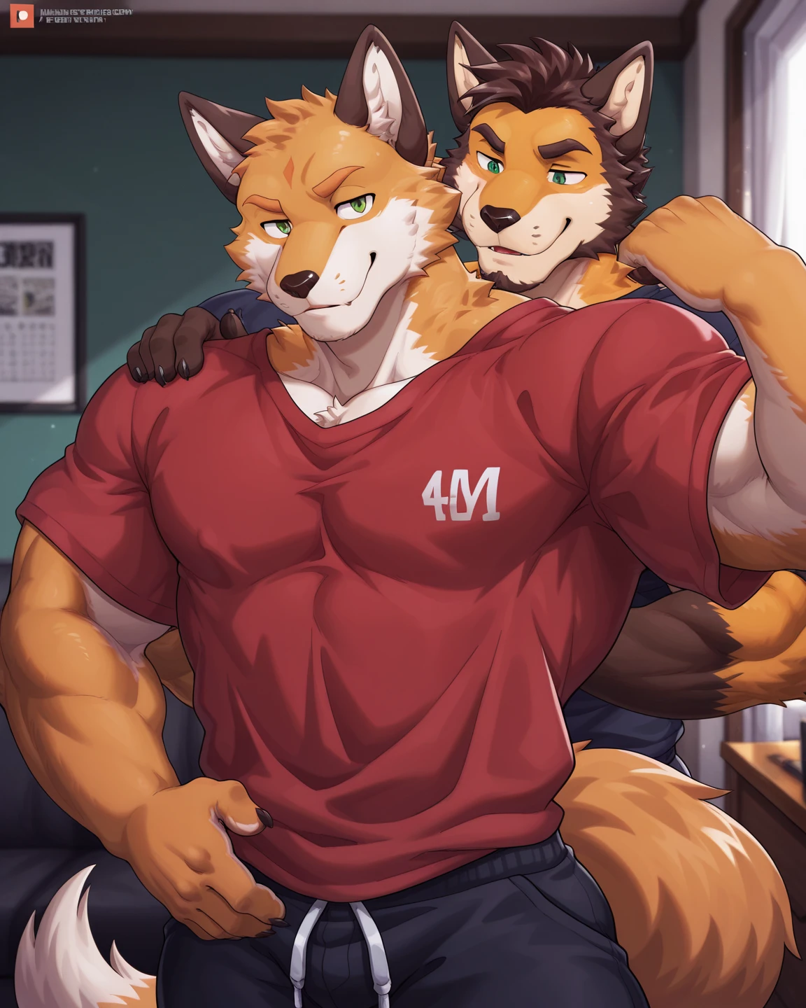 High resolution, 8k, Masterpiece, Official art, Extremely detailed, Cygames, Shadowverse, Ultra details, Art by Null-Ghost, Art by DASAGI, Art by Meesh, Art by Chunie, (Anthro), (Furry), Polar bear with blue eyes, Hyena with yellow eyes, 2 Male, 2 Men, ((Duo)), ((Hyper huge muscle)), Hyper muscular, Sitting on the long bence, Hugging each other neck by arm, bulge, Looking at viewer, Front view, Full body, Kemono, Cheerful