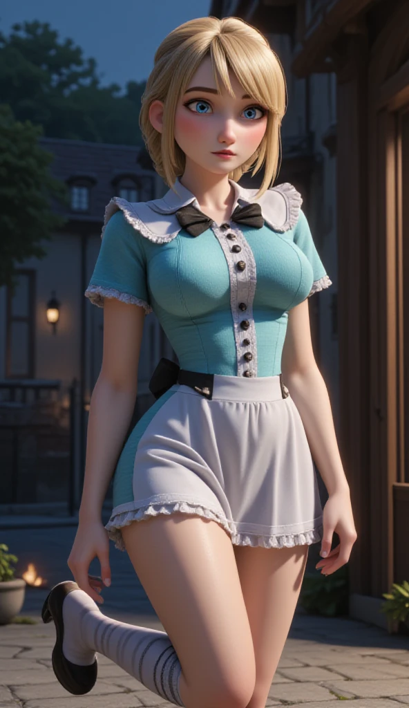 Hyper realistic a portrait of Alice, Beautiful woman, big blue eyes, pink lips, fair skin, and light blonde, thick, medium-length hair held back by a black ribbon tied in a bow. Her outfit is a tiny cerulean and light blue short-sleeved knee-length skirted dress with a matching collar, and a white pinafore apron on top, with a bow tied in the back of her apron. Underneath her dress, she wears a white petticoat, a pair of white tights, and a frilly white knee-length and matching pantalettes. wear a striped black and white stocking and black high heel. Voluptuous body, revealing neckline. detailed clothes. Dynamic pose. Intricate detailing throughout the attire, inspired by the artistic styles of Jean Baptiste Monge, Carne Griffiths, Michael Garmash, Seb McKinnon. Utilize HDR to capture the full range of detail and light in your aerial photographs, making them appear more vibrant and realistic." & "create a high-quality, ultra-detailed 8K rendering. the image should be photorealistic. utilize photon mapping and physically based rendering techniques for a realistic appearance." the setting is during the midnight, a blurred bokeh background. photorealistic details: "employ photorealistic details for the central figures in an icon, while maintaining a stylized background for a unique blend of realism and symbolism.

