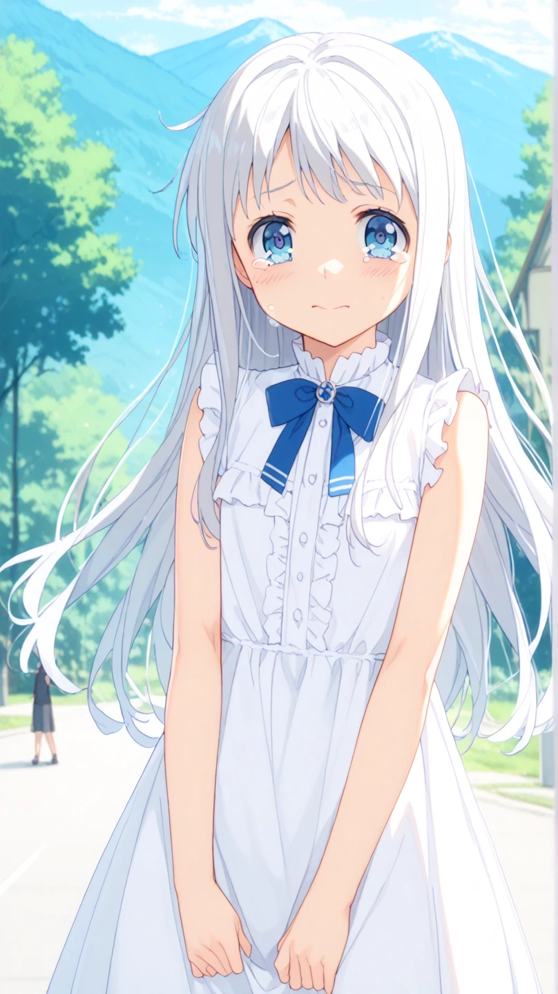 2 people、meiko honma, long hair, Blue Eyes, white hair, dress, sleeveless, sleeveless dress,Quality(masterpiece、最高Quality、High Definition、beautiful facial features、Anatomically Accurate、Detailed Description)、a boy stands in front of a happy girl shedding big tears、crying and shining、Standing in a mountain forest、Backlit Asahi、A composition showing the whole body、少女の前に男の子が立っている(Dark silhouettes only)。