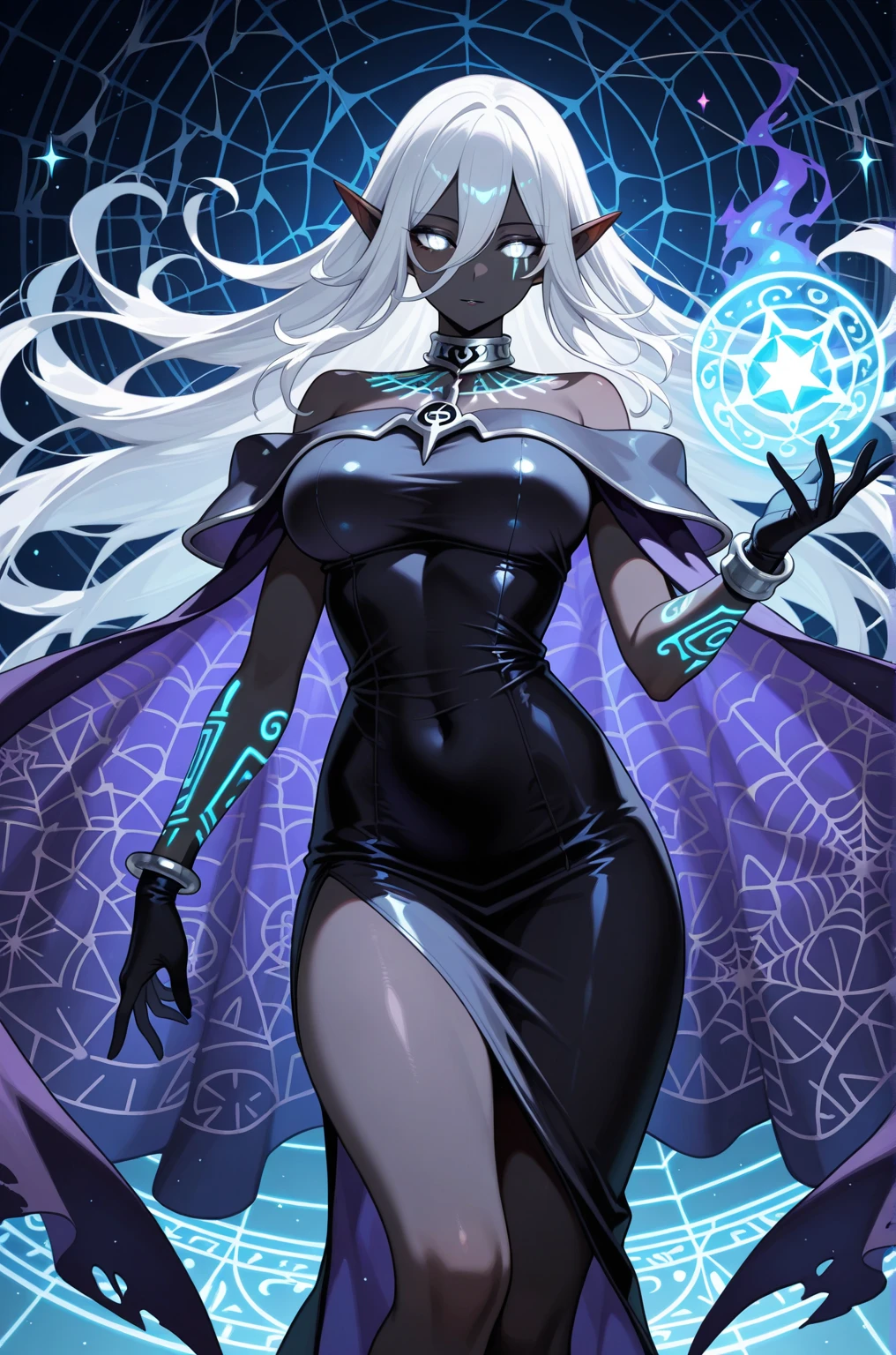 fl4ttr1p、scorn-style、night、Dark Theme、Low light、Shrine Maiden Girl、Dark Skin、Dark Elf、Dark brown skin、White Hair、Holy Priestess、White lace poncho、bottomless、Thick curvy big 、Huge breasts、Hyper Chest、Nipple Contour、Glowing whites of the eyes、Full body glowing white magic tattoo、、、、、、、、、Dark Ritual、Decorations、skull、Rituals of Darkness、Dark Magic、Purple Magic Circle、Villainess、Cold and cruel、Alluring、mysterious、abyss、