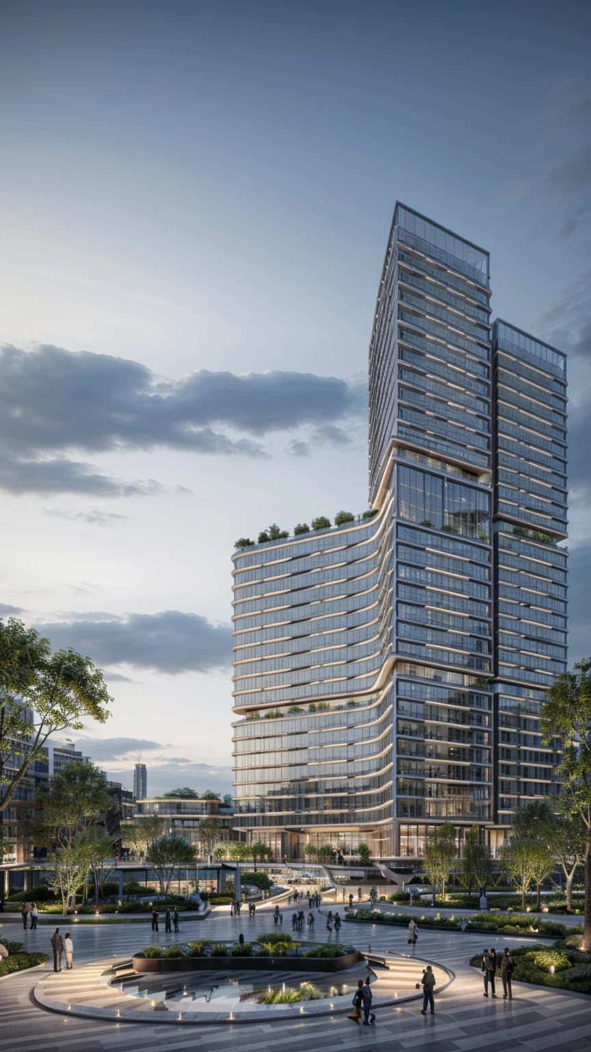 A stunning, ultra-realistic night-time cityscape featuring a tall, modern skyscraper with soft curved edges and tiered setbacks. The building is illuminated with elegant architectural lighting — warm white and golden lights accenting each level and terrace. Large glass windows reflect the night sky and surrounding lights. Lush rooftop gardens and mid-level terraces are softly lit. In the foreground, a beautifully landscaped urban park with trees, curved pathways, water features, and small groups of people walking under ambient lighting. Cinematic atmosphere, high contrast, vibrant night colors, reflections on wet pavement, 8K ultra-detailed rendering, photo-realistic.

