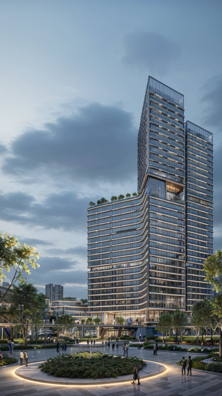 A stunning, ultra-realistic night-time cityscape featuring a tall, modern skyscraper with soft curved edges and tiered setbacks. The building is illuminated with elegant architectural lighting — warm white and golden lights accenting each level and terrace. Large glass windows reflect the night sky and surrounding lights. Lush rooftop gardens and mid-level terraces are softly lit. In the foreground, a beautifully landscaped urban park with trees, curved pathways, water features, and small groups of people walking under ambient lighting. Cinematic atmosphere, high contrast, vibrant night colors, reflections on wet pavement, 8K ultra-detailed rendering, photo-realistic.


