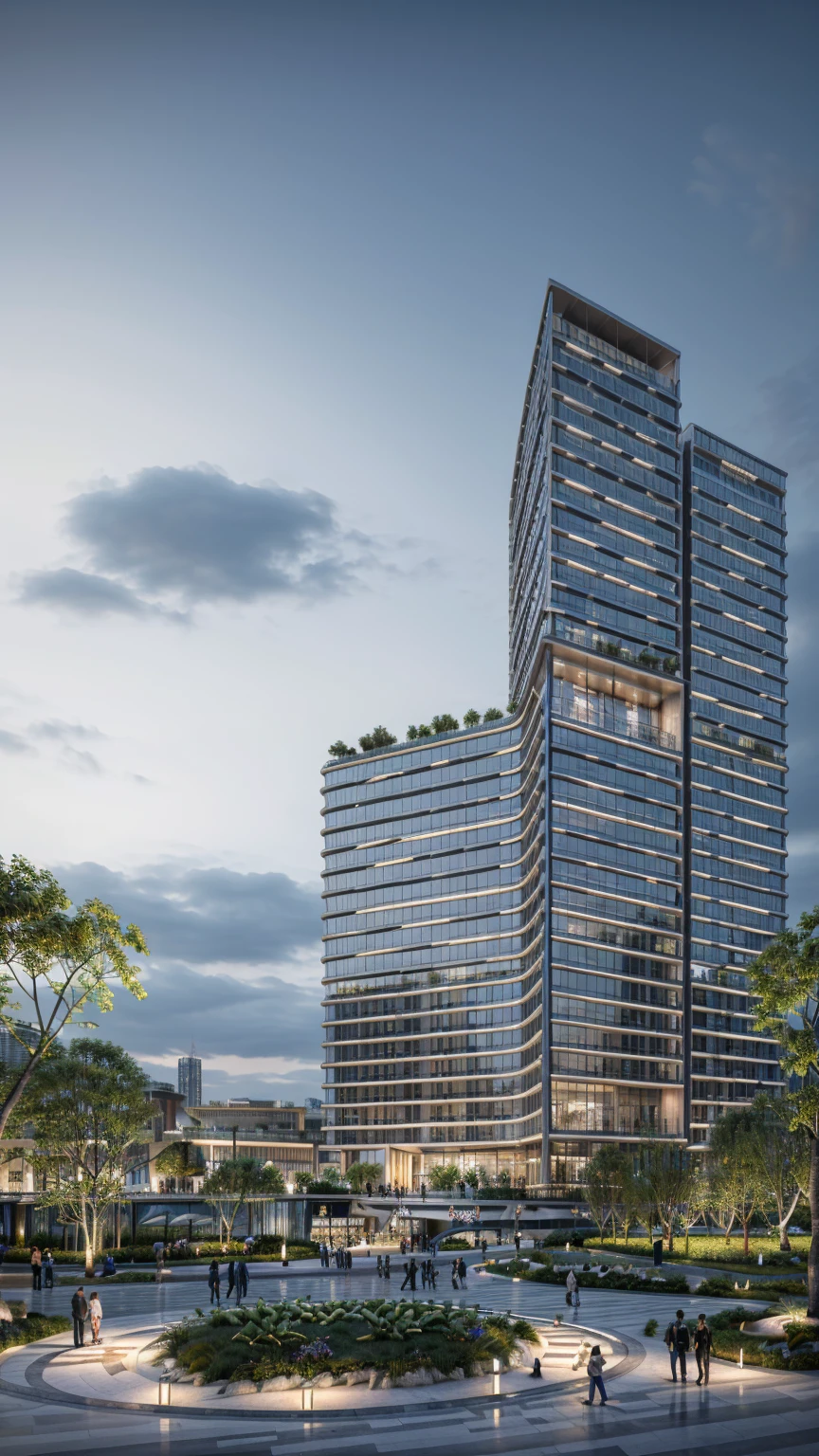 A stunning, ultra-realistic night-time cityscape featuring a tall, modern skyscraper with soft curved edges and tiered setbacks. The building is illuminated with elegant architectural lighting — warm white and golden lights accenting each level and terrace. Large glass windows reflect the night sky and surrounding lights. Lush rooftop gardens and mid-level terraces are softly lit. In the foreground, a beautifully landscaped urban park with trees, curved pathways, water features, and small groups of people walking under ambient lighting. Cinematic atmosphere, high contrast, vibrant night colors, reflections on wet pavement, 8K ultra-detailed rendering, photo-realistic.

