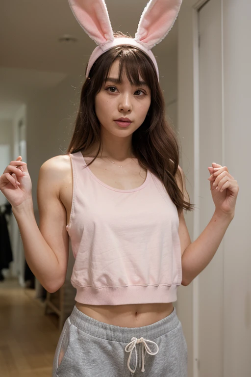full shot, a 12 years old girl, bangs, pastel lavender striped sports bra, panties, Looking at Viewer, small hips, (smile), in her room, (night:1.8), (moody lighting:1.3)