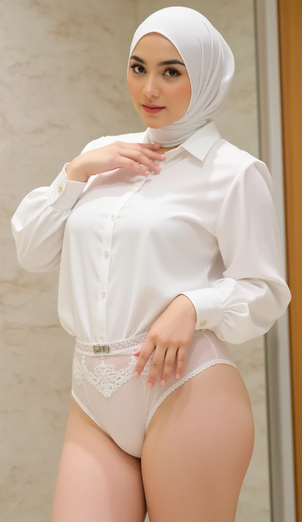 Young sweet beautiful Indonesian girl being kidnaped, 28 years old, slim body, georgeus face, beautiful small breasts, wearing white short hijab to covering all her hairs, a young smart doctor in a hospital, a shy and humble girl, wearing white very thin long sleeve all unbuttoned doctor jacket, there is a red cross badge on her pocket, there is a stetoscope on her chest, wearing white lace see through panty, wearing black woman shoes, realistic, very detail face, no cartoon, all good fingers have normal shape, normal legs shape, bejng forced to walking opened wide legs at under ground room of the bogor city hospital in the sunny morning, nipples and breast are exposed and visible, sweat on all her skins, many sweat flowing on her redish face, worrying face, her dark hairy vagina exposed casted clearly through her see through panty, dense hairs under her stomach are visible, nude,