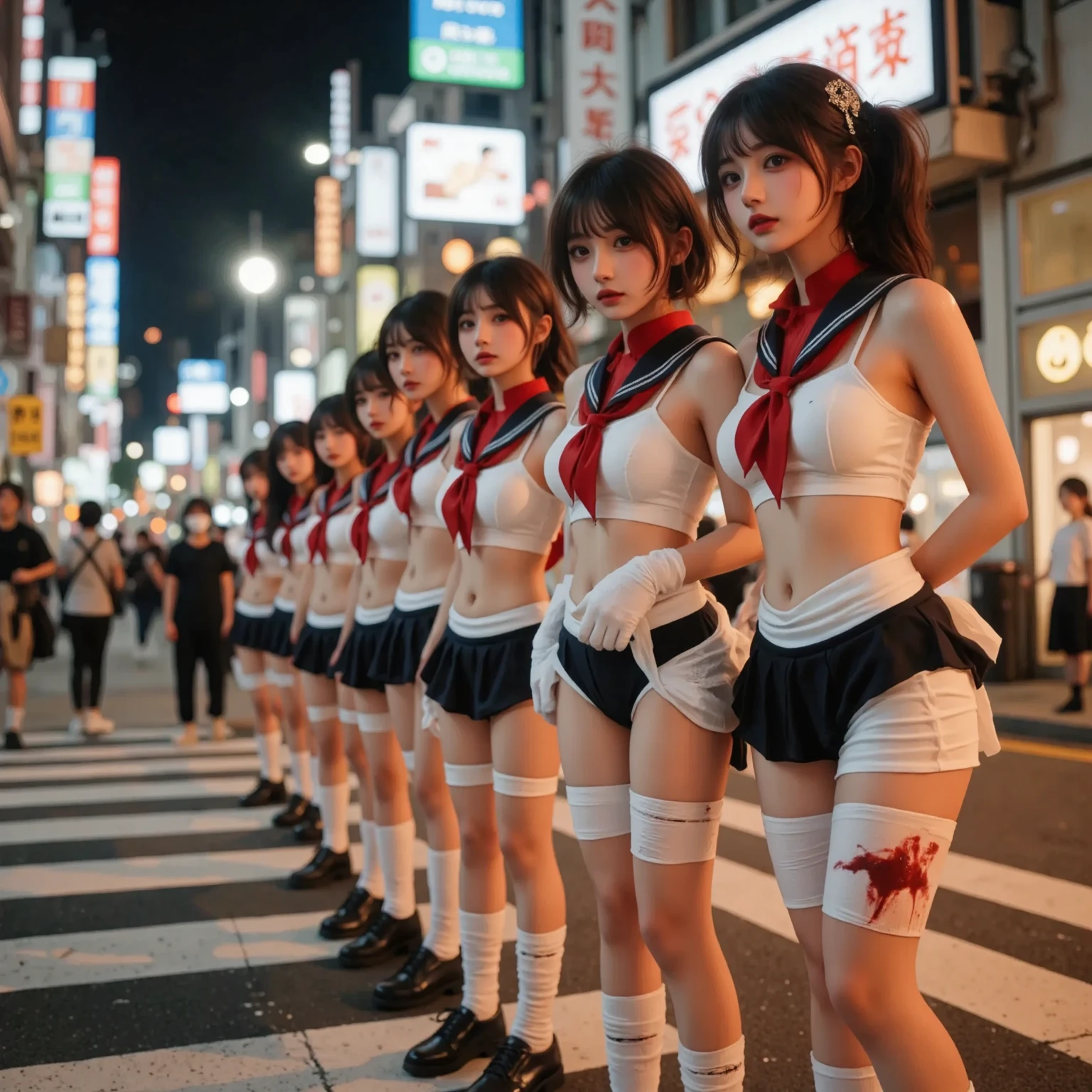 ((ExtremelyDetailed (12 PUNIPUNI KAWAII Girls in a row:1.37) in WHITE at Dusk Enoshima Beach)), (masterpiece 8K TopQuality) (ProfessionalPhoto:1.37), {(Standing Full Body:1.2)|(from below:1.2)}, Different types of hair colors, {Tight skinny((school swimwear))Ass visible through thighs|SchoolUniform[with Thongs]}, {Detailed BabyLike hand|Hidden hand|armpit peek|DAKINAKURA}, Joyful Expressions LifeLike Rendering, PerfectLighting, [RainbowColorHorizon]