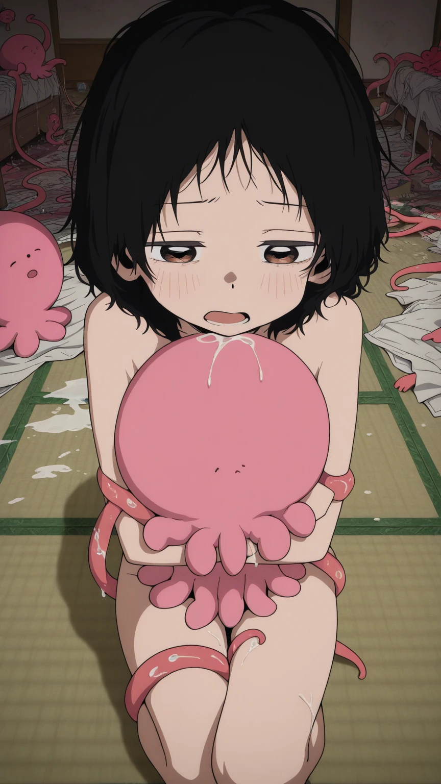 cute anime girl, black short bob hair, big expressive eyes, soft facial features, kawaii, cheerful smile, , pastel colors, high-quality, detailed, studio ghibli style"nsfw、under boob.cameltoe 、crotch grab、cum on body 、excessive cum 、sweat、fellatio gesture、girl trembling with sexual climax