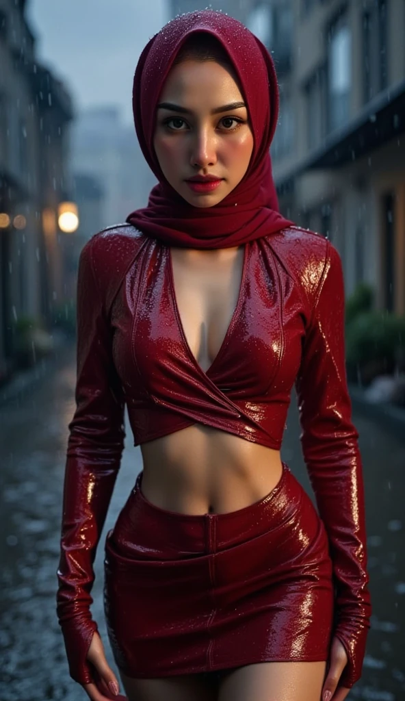 RAW, Best quality, high resolution, masterpiece: 1.3), beautiful Malay woman in hijab, Masterpiece, perfect slim body, big breasts, beautiful big eyes, Soft smile, wearing spiderman cosplay, necklace, walking around evening, City park, Great lighting, Bright colors, Bright lines