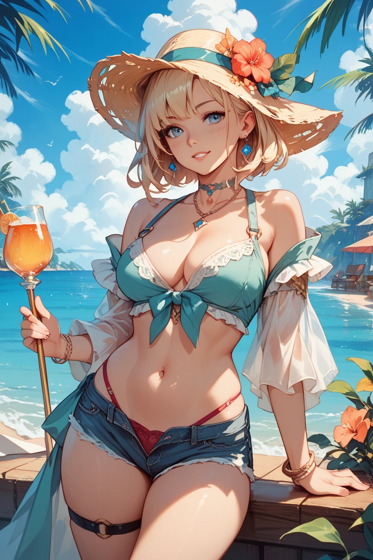 1girl, from below side, wearing a bikini on the beach, beautiful breasts, holding a drink, seductive