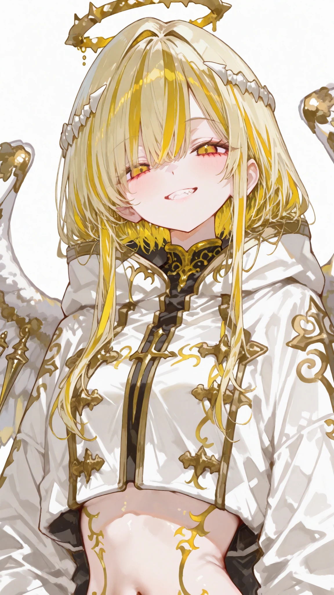 Monster Angel,white background,Covered Coat,,There are 6 wings ,Golden highlighted hair,upper body shape,smile,tooth,Fringed