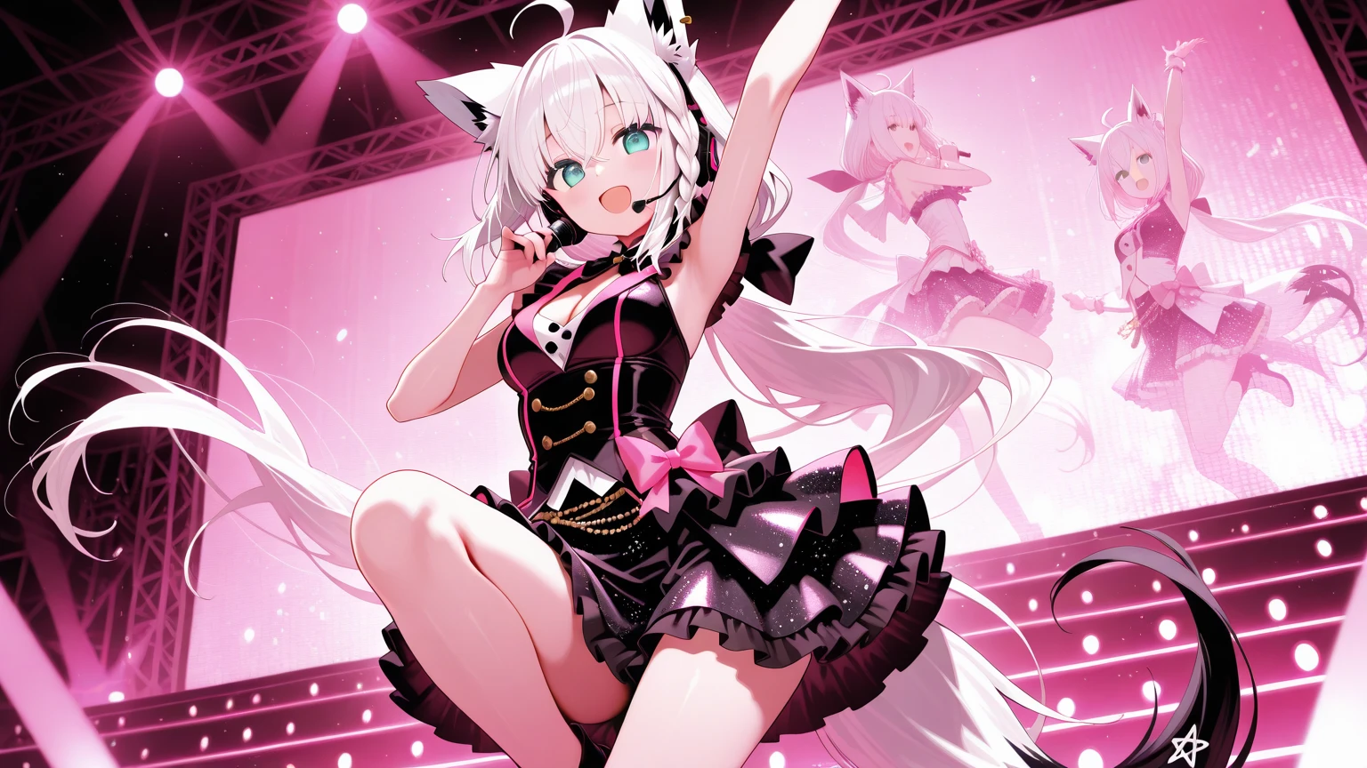 A beautiful girl with cat ears and silver hair is naked with black duct tape stretched like a pattern and is forced to dance obscenely on the stage She is excited to be seen by the audience
