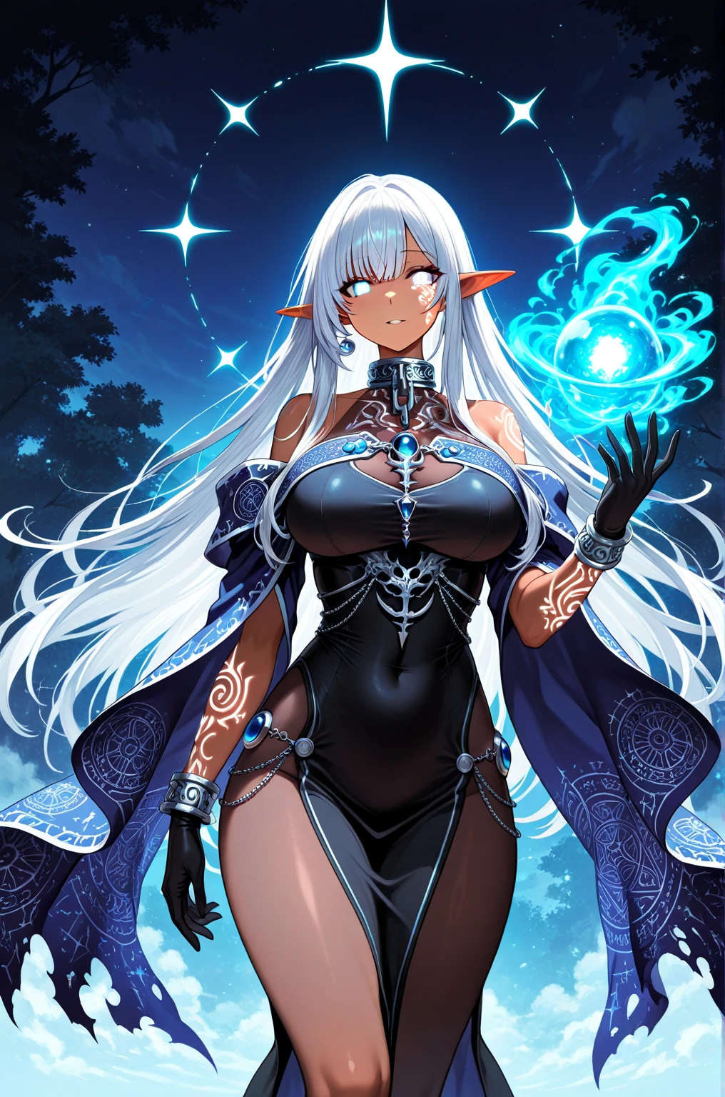 Full body portrait ,adult woman with dark skin, Perfect beauty,detailed image, high quality,Silver white long hair, collected in the form of a ponytail, pointy ears, Detailed big eyes, well detailed blue pupils ,dark ,Red lips ,perfect smile ,perfect body, big breasts, thick thighs , silver earrings, silver necklace with an emerald in the center hanging on her chest, white low-cut blouse , black leather gloves, black fabric miniskirt, long ankle boots , black color on the feet, standing on a garden covered in blue flowers in the background a huge waterfall.
