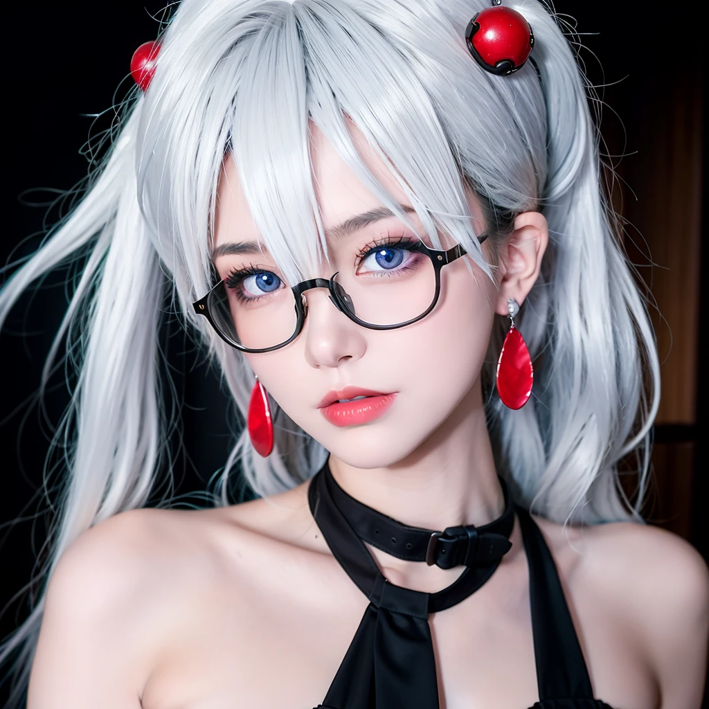 (Looking back), (Looking at viewer), (Highest quality), (Ultra-high resolution), (Realistic), Japanese, 1girl, cute, embarrassed, japanese style room, white hair, lipstick, eyeshadow, eyeliner, blushing cheeks, choker, red frame eyewear