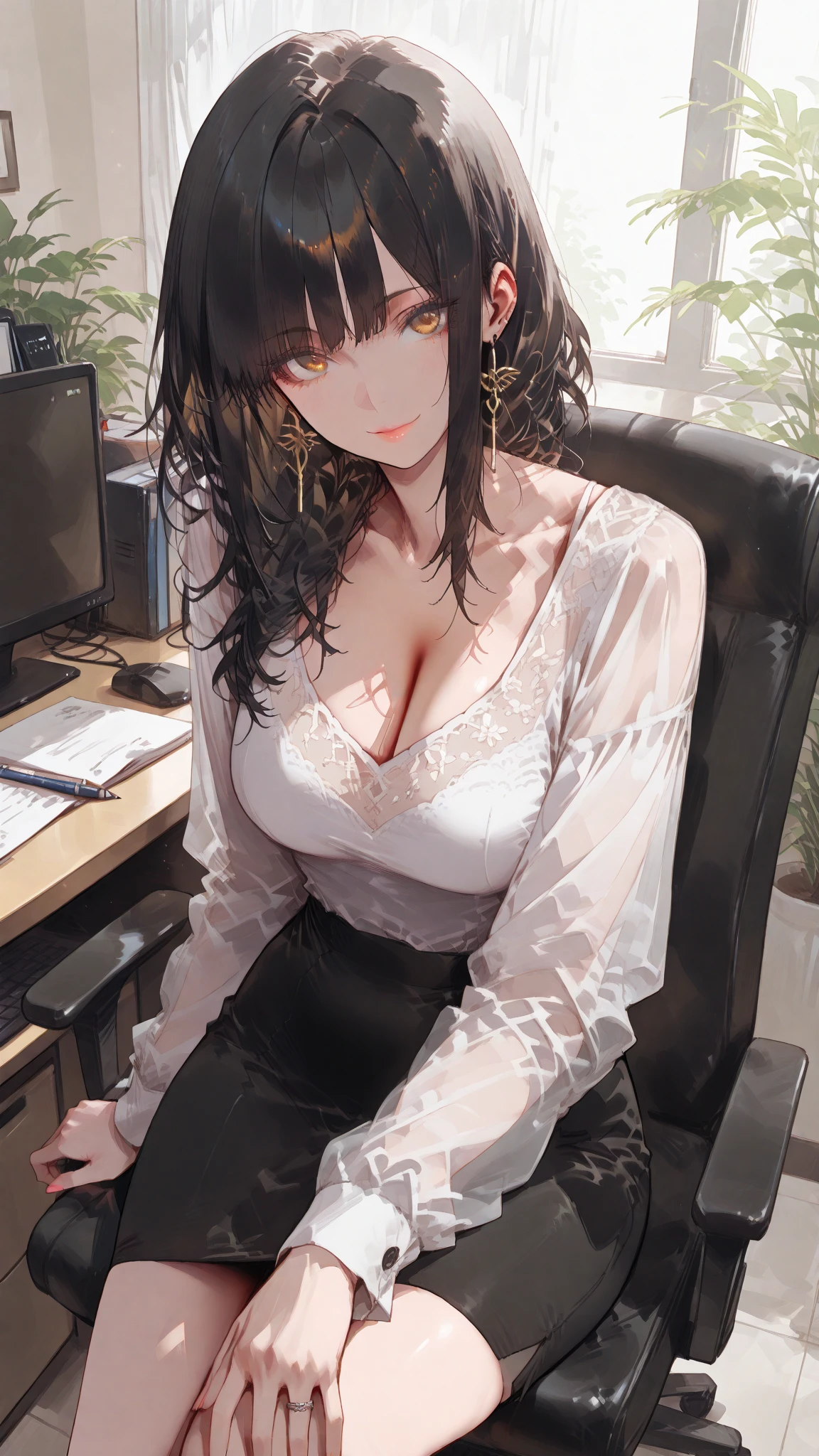 (Finest quality)),(超A high resolution),(ultra-detailliert),(Meticulous portrayal),((best pictures)),(Finest works of art),Ultra-Precision Art,The art of astounding depiction, Contemporary art:1.5, (1 adult female:1.5),Sleepy black hair,((Wearing a large shirt that does not fit the body:1.8)),(open-shirt:1.8),(The lower part of the body is bare:1.7),Sleepy eyes,stretch,Girl sitting on her bed