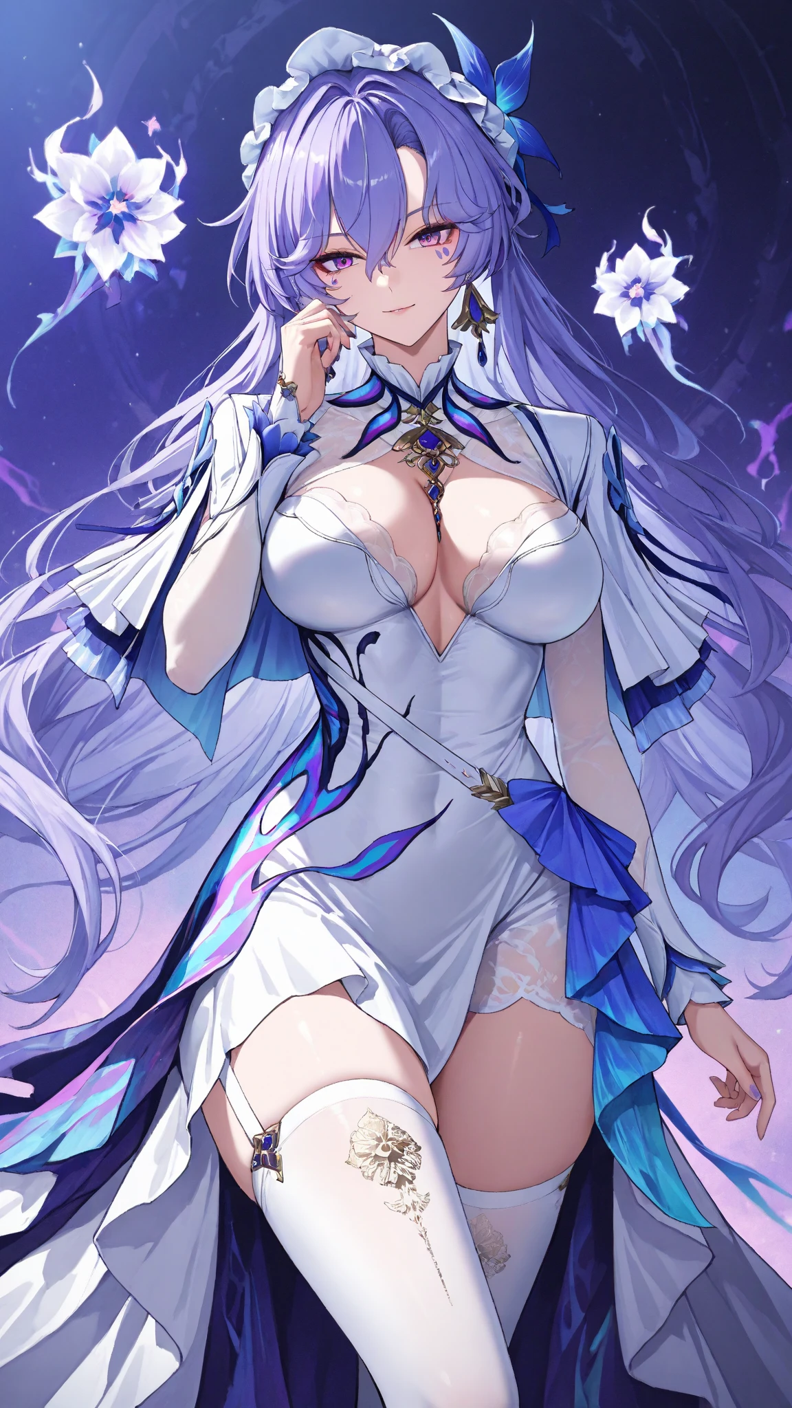 a girl, fair skin, big hair, perfect eyes, eyebrow, nose, ear, mouth, lips, neck, shoulders, costume outfit, (sleeve style), waist, thick legs, thick thighs, background scenery