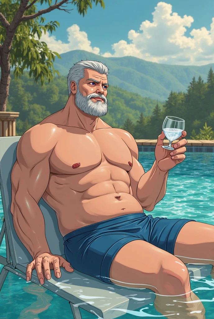 (((bikini swimsuit))),(((bra))),seaside, swimsuit, old man, man, muscular, wet, crotch bulge, wet shirt, wet swimsuit, full body figure