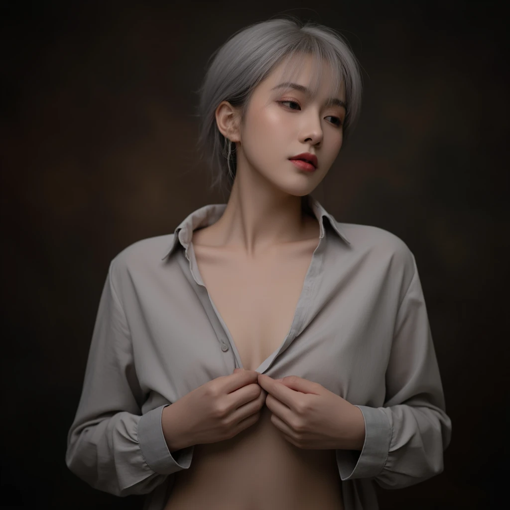 (RAW photo, best quality, masterpiece: 1.2), (photorealistic: 1.4), best lighting, 20 years old, (detail face, detail eyes, light gray eyes, light gray hair, short straight bob cut, Symmetrical eyes, huge breasts :1.3)