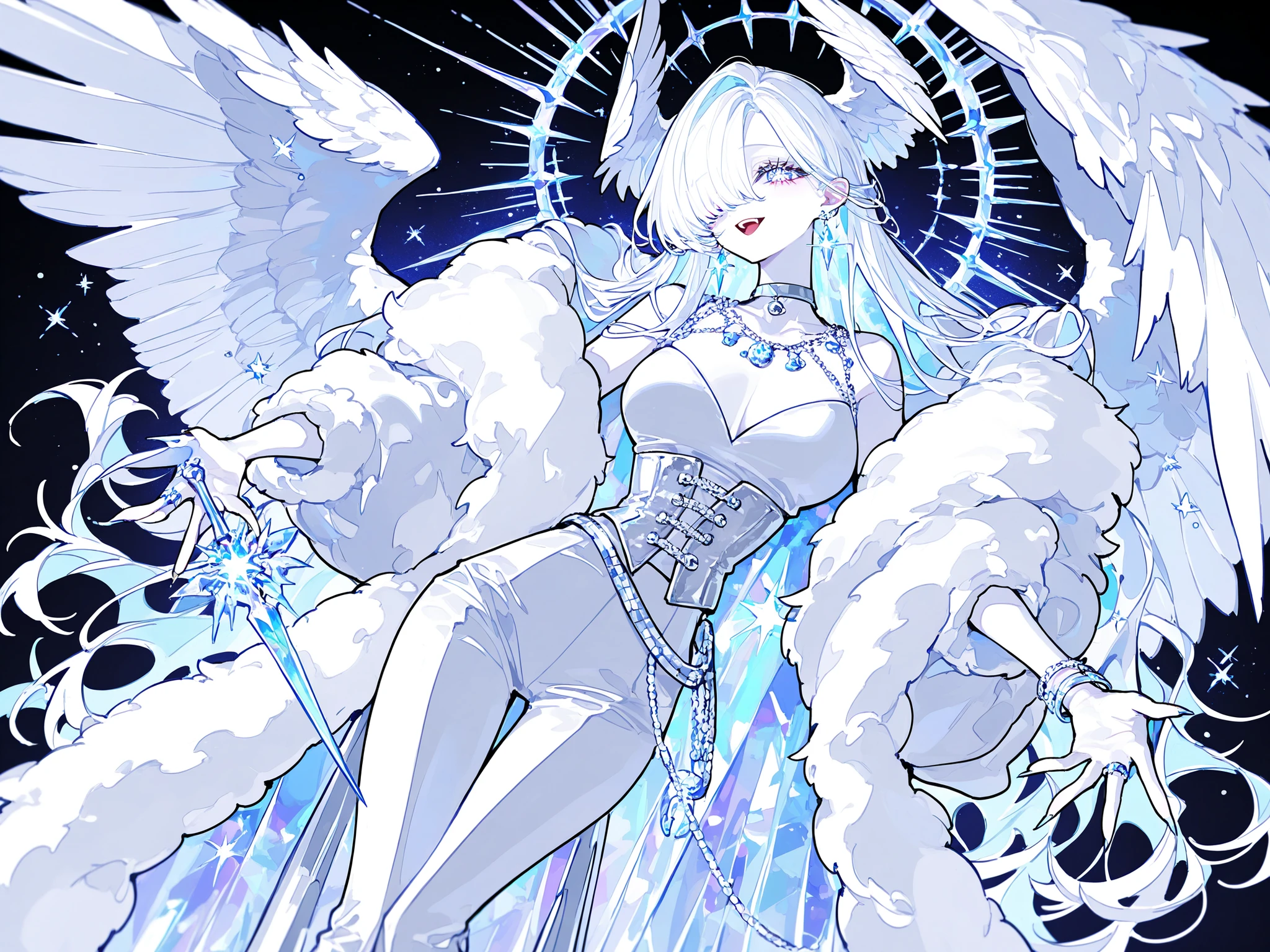 (xxx667_illu,)(feathered head wings, demon head wings, [color] head wings, multicolored head wings ,)The winged woman is angel. She has a mature bodybuilding  with big breasts , thin waist and wide hips. She has sparkling white skin. She has fluffy feathered winged ears on her head. She has long diamond manicured claws.  She has long white hair combed to one side and part of her long bang over one eye covers half of her face. She has white pearly eyes with starry sparkling star-like pupils. She has two huge mother-of-pearl angelic wings on her back and  diamond halo above her head. She is dressed in a white outfit: a silver corset, bell-bottomed pearly white trousers, a silver belt with pendants, and a white short furry arctic fox fur coat. She has a lot of silver jewelry with large diamond earrings,crystal pendants on a silver choker, a bracelet, and rings with diamonds.   She carries with her a short crystal throwing dagger blades with a silver hilt. On the background: The starry night sky, the silver balcony of the palace.