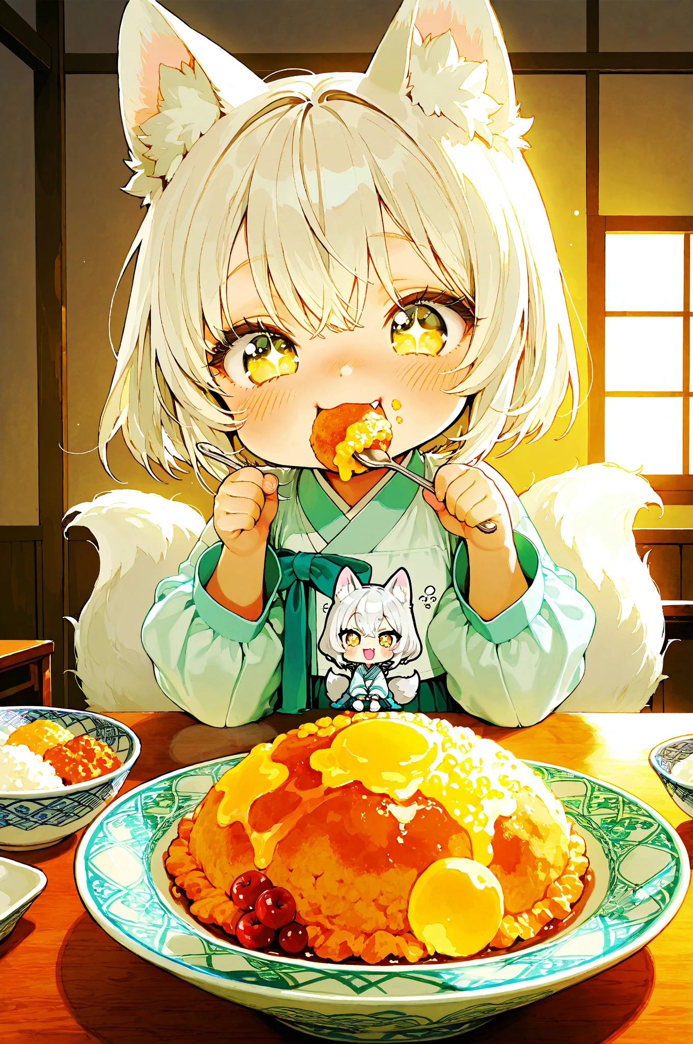 High-definition background, bright and beautiful atmosphere, 3 girls (2 years old, (1 short-tempered round face), (1 child)) (hair, surface effects, color effects), small , blonde hair, very cute kitchen, cooking Onigiri piled up like a mountain in the field, a girl in a kappo uniform holding the rice ball in her hand, grains of rice on her cheeks, many mini pigs eating onigiri, mini pigs sitting on the shoulder of the girl, deltamon_sdXL: 0.73 ) >Deltamon Negative Prompt