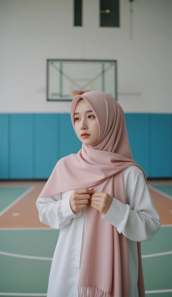 (photorealism:1.2), beautiful woman, cute japanese woman, wearing hijab and white jersey, with blue jeans, leaning on the wall, nearby a park, highly detailed photo, portrait, epic realism