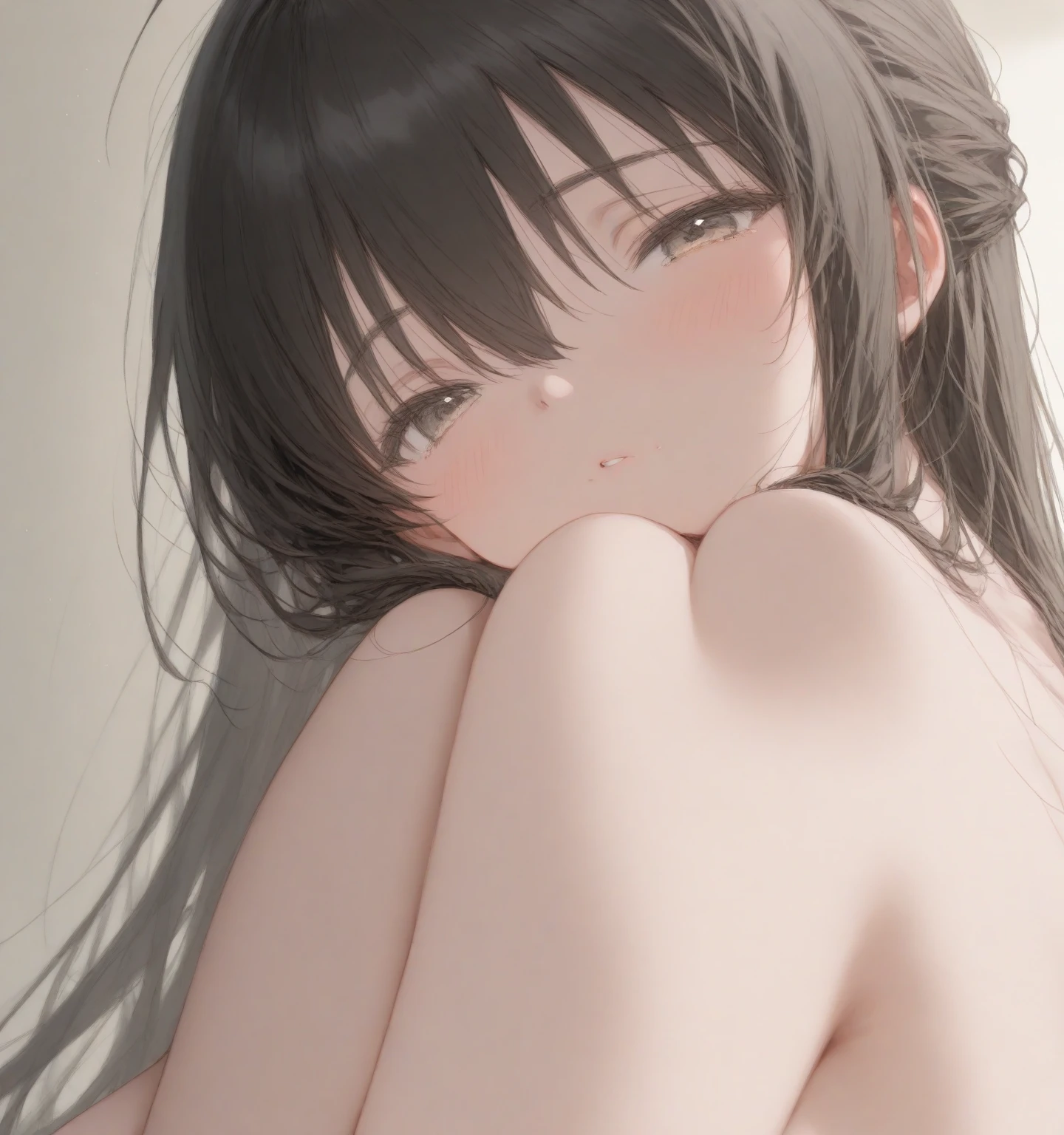 a naked slut girl in a seductive pose in her minimalist room with a mattress and light sheets, random seductive angle