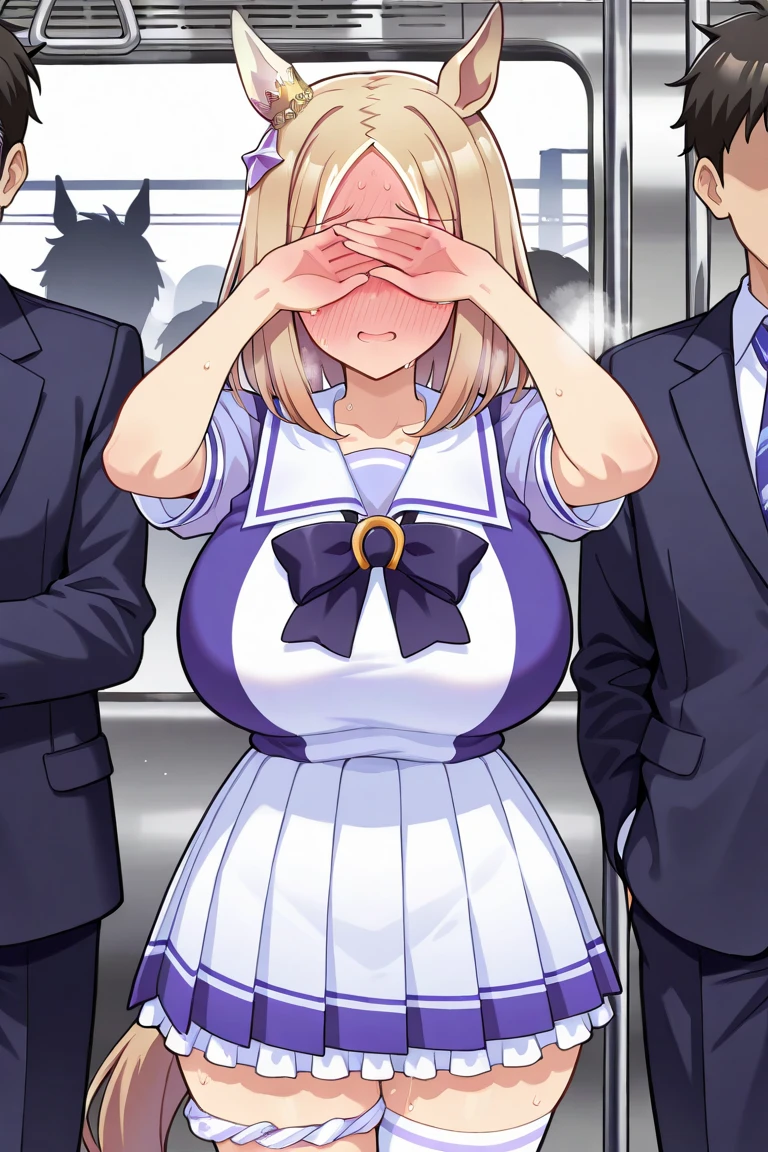 White long sleeve shirt、blue tie、Blue Skirt、Black tights、Blonde、Ahoge、Short Hair、A face that is trying to endure pleasure、Saber、、The scene where the door opens and only the upper body appears、Like the whole body、Sweaty、blush、Sex workers、Nipple erection、Costume see-through with sweat、Being attacked from behind、The person behind is hiding