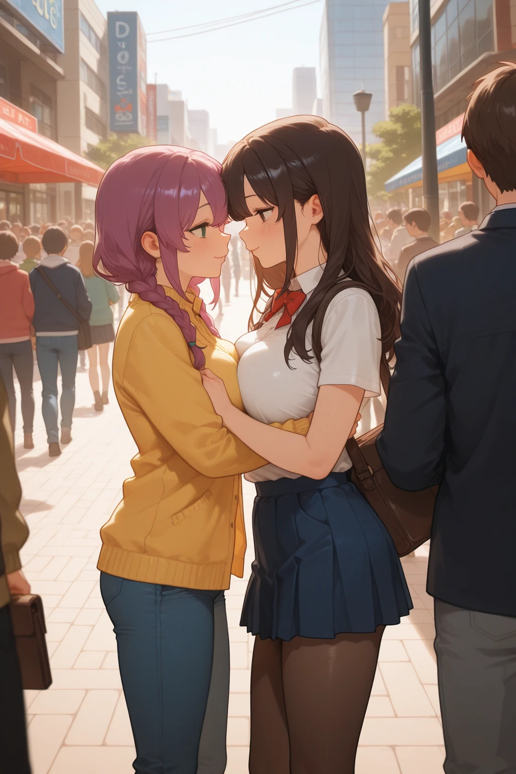 ((Best quality)), ((masterpiece)), ((perfect composition)), ((perfect anatomy)), illustration, high-res, prefect lighting, dynamic angle, (((clean and clean))), absurdres, uncreditable absurdres, (((clean and clean))), 2girls, face to face, (yuri), multiple girls, ((from side)), railway, (kissing, tongue kiss):1.2, focus face:1.3
AND
<lora:MakochanKaihatsuNikki-08:0.5>, 2girls, chizuruchankaihatsunikki, matured, face to face, head downward, (happy kissing, tongue kiss):1.2, explicit, tomboy, short hair, purple-blue hair, blue_eyes, large breasts, standing, skirt, ((zettai ryouiki)), scowling, fear, tear, powerless, suggestive fluid, pussy juice, no panties, pussy, orgasm, suggestive fluid, pussy juice, fingerings another, happy eyes, enchanting expressionless, enjoying, confident, outdoor, railway
AND
<lora:ChizuruchanKaihatsuNikki-08:0.5:20>, 2girls, makochankaihatsunikkininibe, face to face, head upward, (happy kissing, tongue kiss):1.2, unexpectable kissed, nsfw, explicit, no panties, pussy, orgasm, purple hair, long hair, (hairclip), purple-red_eyes, large breasts, school uniform, ((green_jacket)), white_shirt, red_bow, (green_pleated_skirt), red_collar, ((zettai ryouiki)), railway, (detailed face description), (detailed eyes description), advanced cg, amazing quality, octane rendering, (((green_jacket))), thighs.
<lora:add_detail:0.35> <lora:rainbow:0.15> <lora:multipleGirlsGroup_v10:0.35> <lyco:AnimeKissLoCon:0.35>