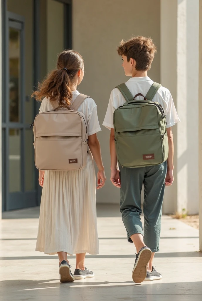 Back view of 9-year-old siblings wearing elementary school backpacks with acrylic key rings attached