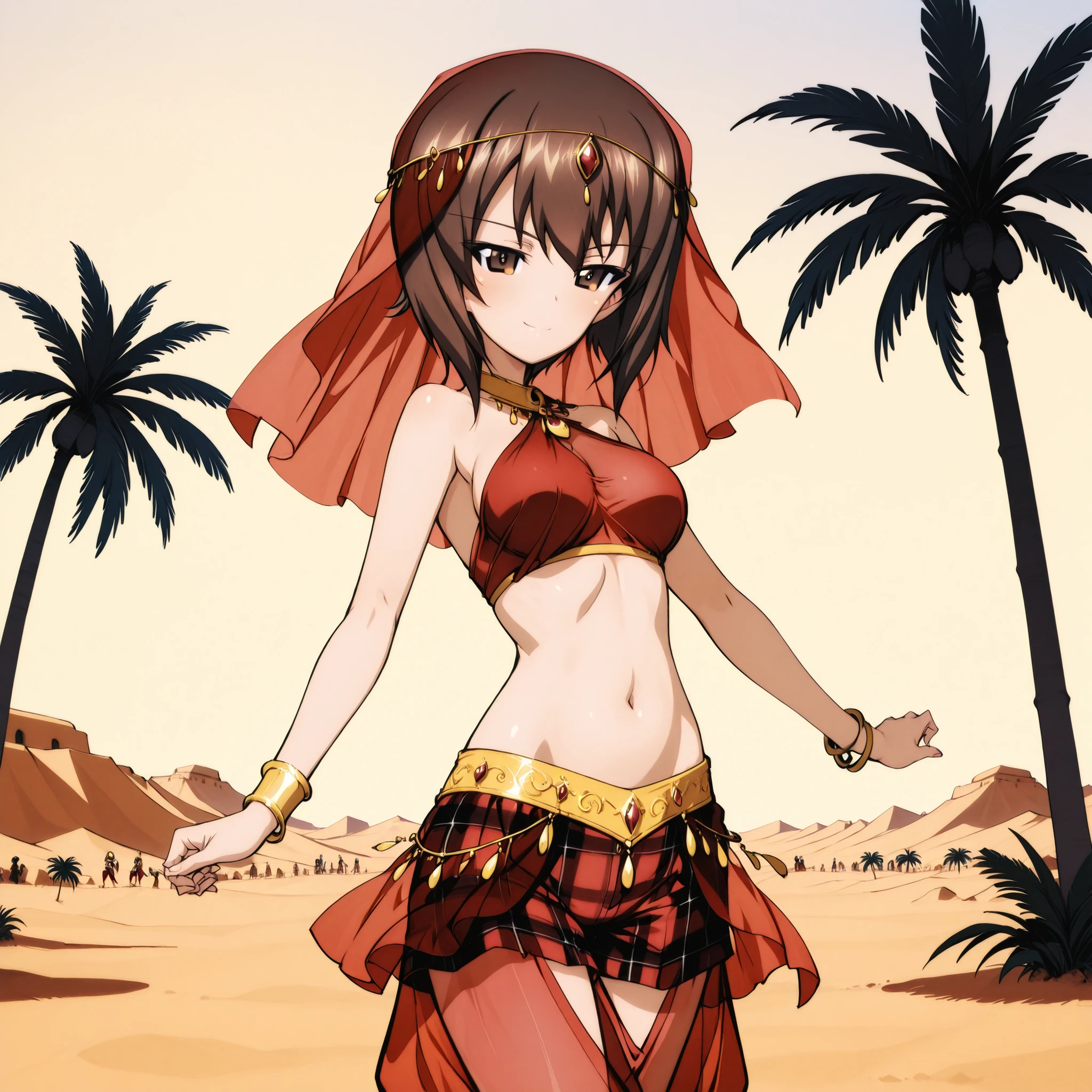 1girl:1 . 5) , (Seul:1 . 5) , score_9 , score_8_haut , score_7_haut , source_anime , Official work , ultra-detailed , masterpiece , best quality plaid shorts , high res , beaux yeux , detailed eyes , Detailed Face , beautiful detailed eyes ,Girls Und Panzer,Nishizumi Maho, Arabian Clothes , Arabian Dancer ,belly dancer costume , veil , golden jewelery,harem outfit, harem skirt, harem pants, transparent pants, belly dancing, harem veil ,desert landscapse, palm tree , seductive smile, dancing with veil, dynamic movement, seductive pose