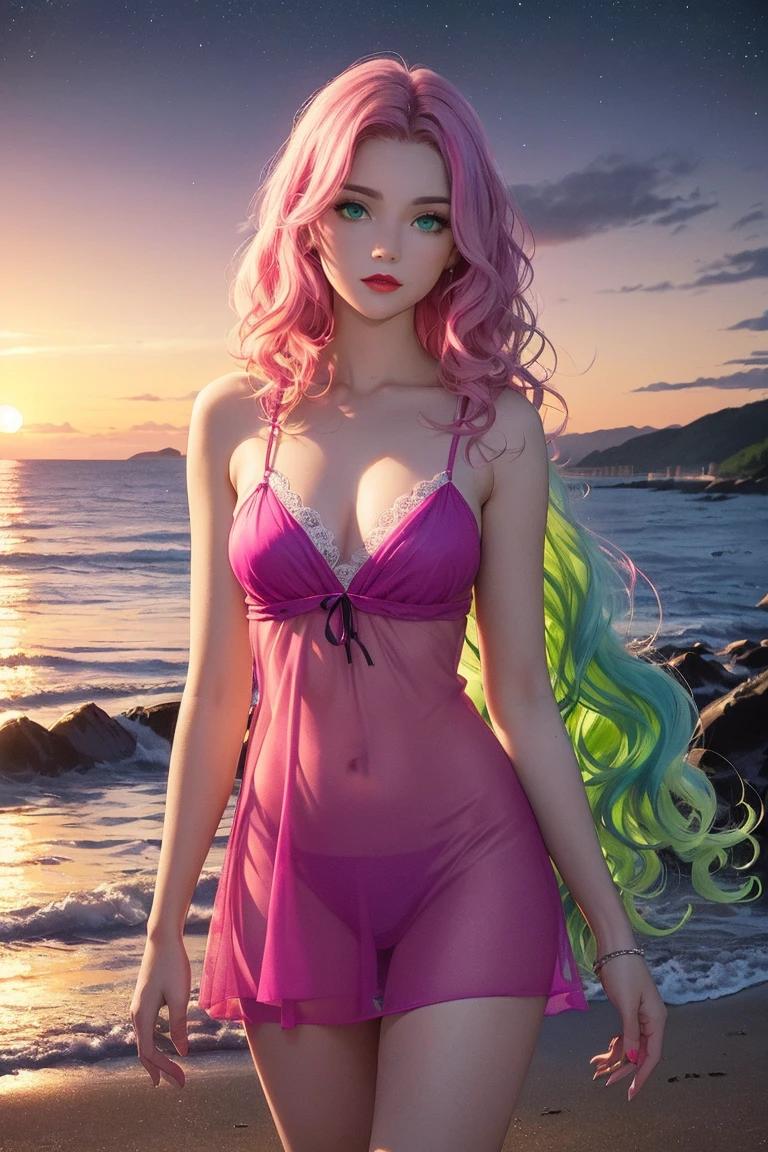 a girl, pretty long hair ,pink hair, blue color inner hair, fox ears, slime bra, Panties in skirt, turquoise blue eyes, with a golden bracelet, a pink jewel necklace, em uma praia, high resolution, super detaill, 8k, Overview
