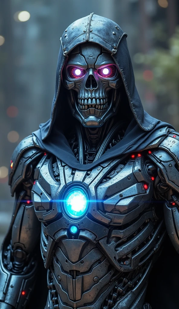 ~*~CyberPunk~*~ HDR FULL BODY VIEW photo of Hyperrealistic art Wonderful, intricate, SKELETOR (a superb Art Brut Decollage art, Masters of the Universe), with hoody cape, bone biomorph, anatomical circuit face, biomechanical details, (Cyberpunk Universe Background:1.3)