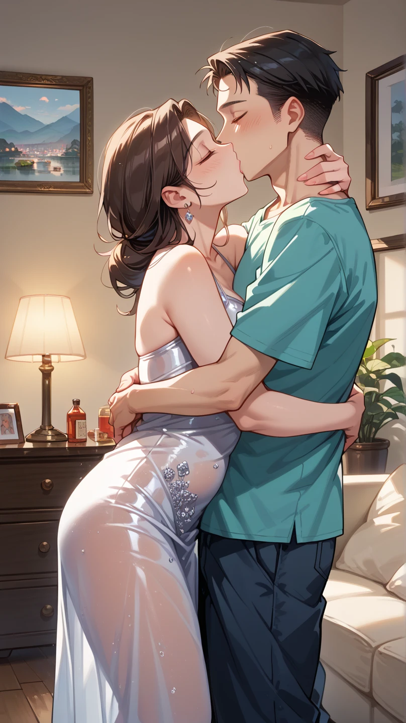 score_9, score_8_up, score_7_up, source_anime, 1boy, 1girl, mature female, mother and son, kid, hug, kiss, hand on head, kneeling,