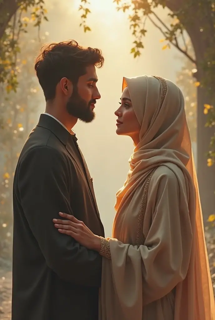 a handsome muslim man kisses a beautiful muslim woman