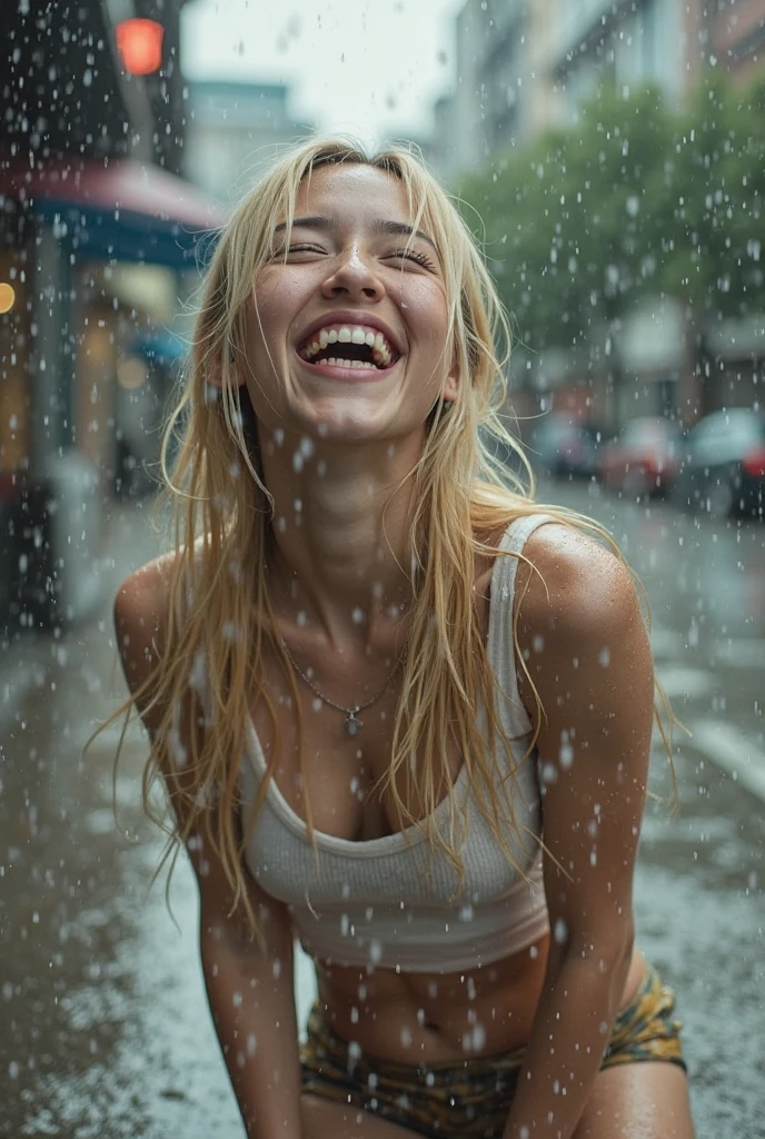 Thin but large breasted teen covered in a gallon of cum. She seems crazed and very excited