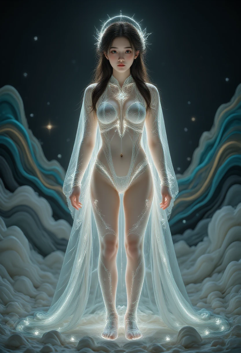 tmasterpiece, Beautiful goddess of the void, Standing in white transparent clothes under the empty night stars, Disappearing transparent pants, standing full-body, Tall figure, slender leg, detail in face, Detailed body part details, 8k wallpaper