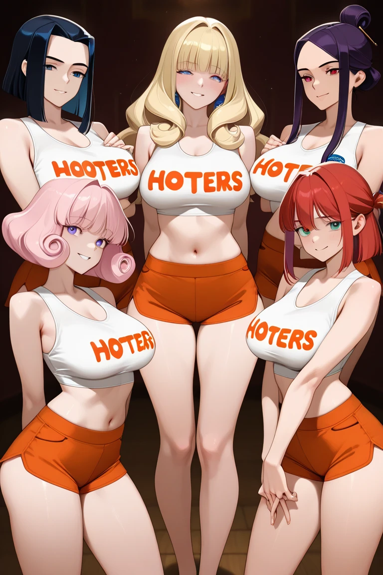 masterpiece, best quality, extreme detail, 8k, 3boys,boy standing in restaurant, detailed background, <lora:femboy-hooters:0.75>, (femboy hooters) ,orange short shorts ,(white croptop), smiling blushing, happy, open mouth, [bulge],sweat, sneakers, flat chest, blue eyes, bracelets, earrings, choker, holding each other, group photo, holding dish