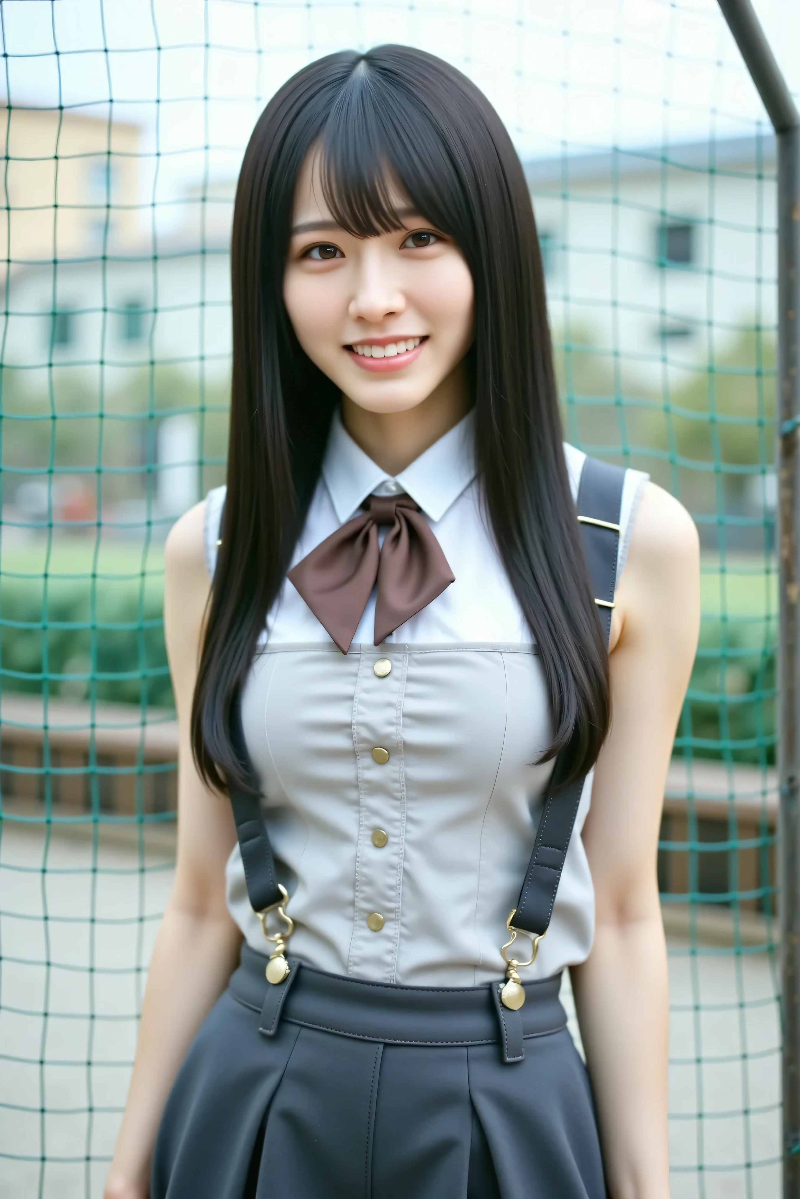 (photorealistic: 1.4), top quality, very delicate and beautiful, high res, 1girl, Tifa_lockhart, smile, cowboy shot with a close cute face, suspenders, low rise, miniskirt by kouenn, tank top, nervous shirt, black hair, long hair, Elbow pads, Beautiful and exquisite red eyes, Face light, Movie Lighting, belly button, High exposure, Exposed belly, ribs, Abs, ( : 1.2), Dynamic Poses, dynamic angle,naked nude