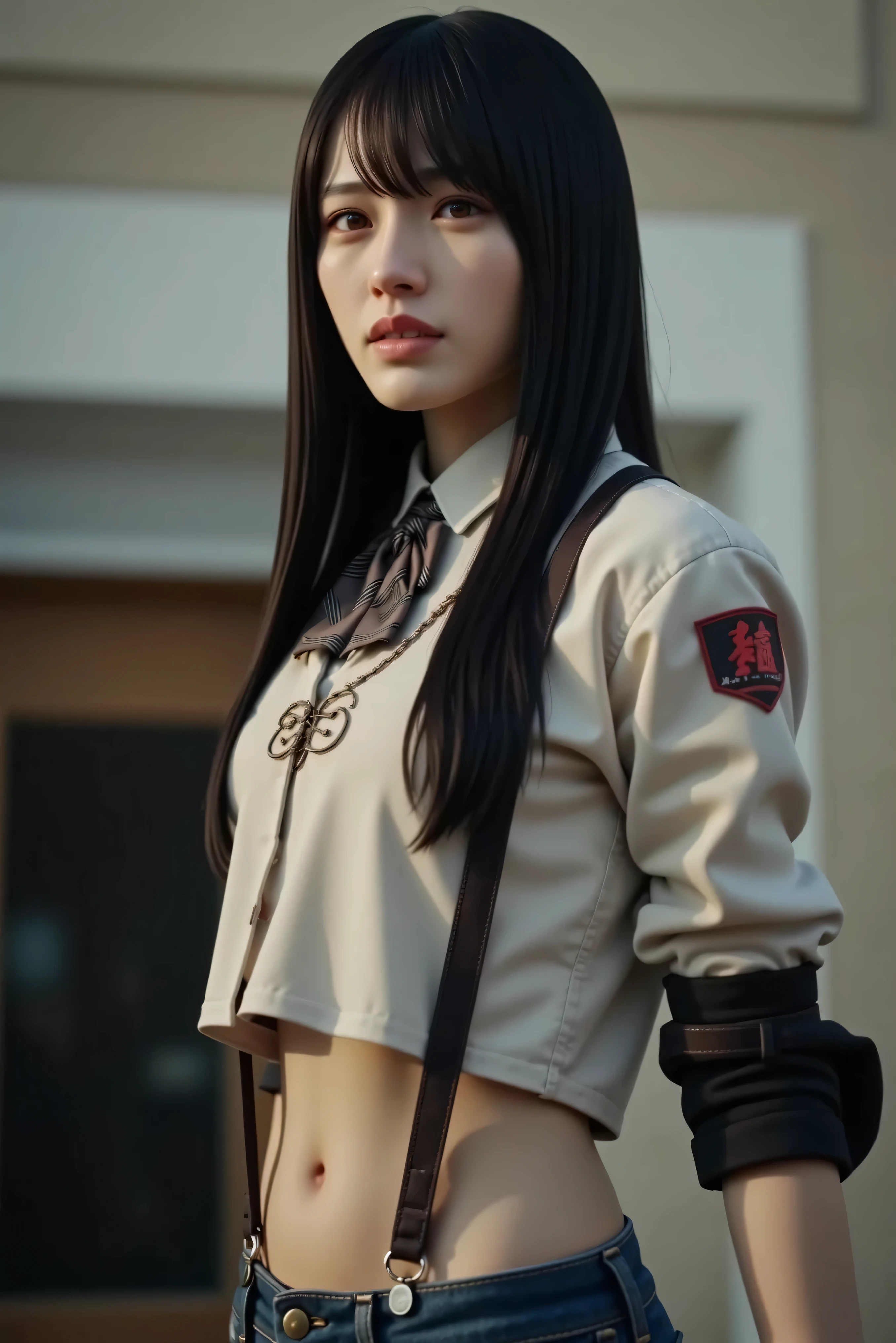 (photorealistic: 1.4), top quality, very delicate and beautiful, high res, 1girl, Tifa_lockhart, smile, cowboy shot with a close cute face, suspenders, low rise, miniskirt by kouenn, tank top, nervous shirt, black hair, long hair, Elbow pads, Beautiful and exquisite red eyes, Face light, Movie Lighting, belly button, High exposure, Exposed belly, ribs, Abs, ( huge breasts: 1.2), Dynamic Poses, dynamic angle,naked nude