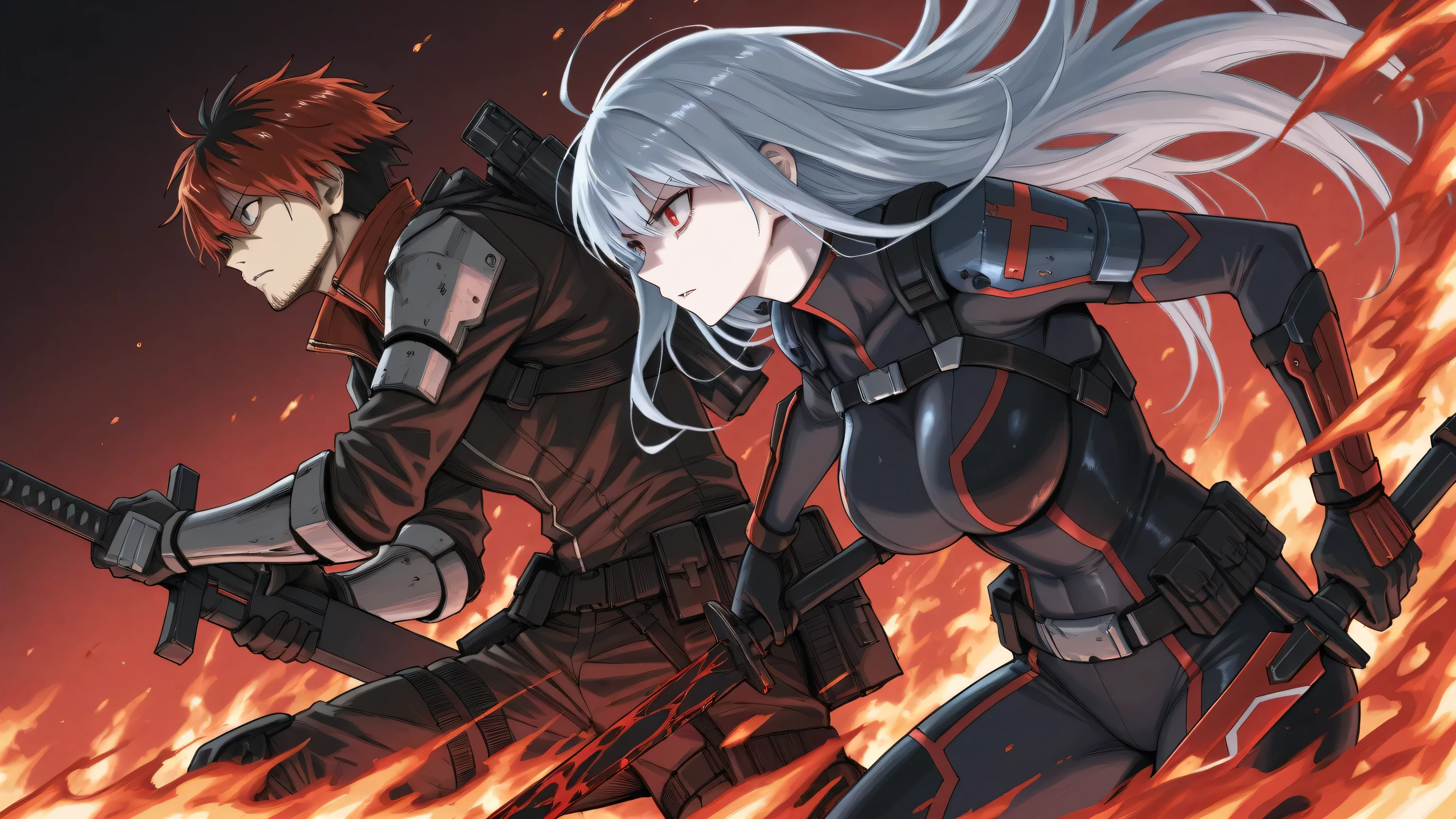 ultra-detailed seinen manga panel, extreme inkwork, heavy cross-hatching, in the style of Kentaro Miura and Kakizaki Masasumi. A tall, pale-skinned woman named Kyouka with silver hair soaked in blood, wearing a torn black tactical  revealing intricate scar patterns. Her eyes are crimson red, filled with insane fire. She stands defiantly in a brutalist death arena, resting a massive serrated nodachi sword on her shoulder. The background is a chaotic crowd of grotesque spectators under dramatic, stark lighting. The mood is oppressive, brutal, and tragically beautiful