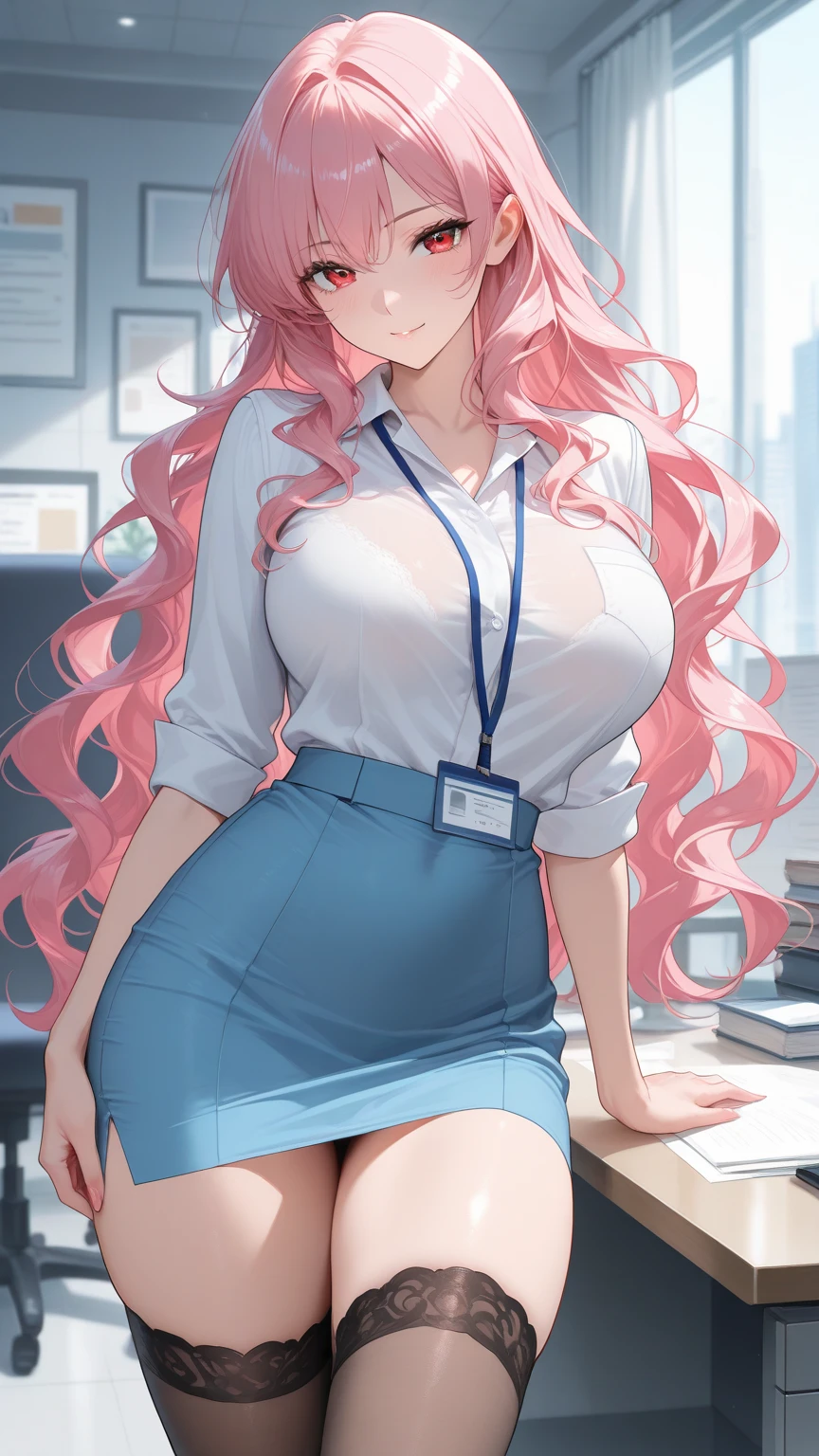 ((masterpiece, best)),(1girl),((mature woman)), light pink hair, dizzy, trumpet, ((office lady)), bangs, mid-chest, (full), slim, smiling, [wide hips] ,office,standing, aru \(blue archive\), bare chest. Tits exposed. Massive tits.