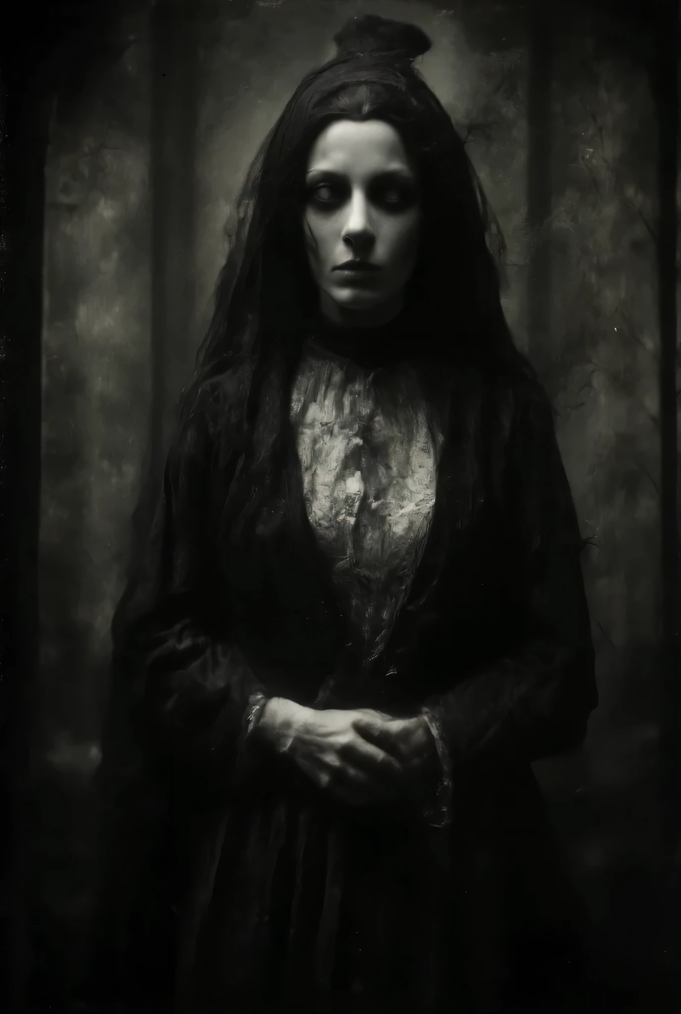 paranormal stories, curses from hell, (shadows, enigmatic and ancient evil of the lens), Vintage Victorian Dark Kingdom Photo by Anonymous, Zombies++Photographer, , a brutal old Victorian gothic noir horror aesthetic. Presentation: photographing supernatural phenomena, Witch Country, Clear and slightly blurred soul images (Girl in Black, The soul of the bride in a black lace dress), Pale skin, Ominous Eyes, Terrifying and eerie, (Haunted Photos)++,sad and frightening, scenes of hoppy, gloomy and haunted old houses, in this eerie photograph. She stands in a snow-covered and deserted field, , strange leaf bags beside her, Something, Someone in an old and pretty pocket. Her fear—where she stands, , the space around her dissolved and burned out, (She Has Solemn Faces, An old and creepy Victorian house stands in the background, create a spooky and frightening atmosphere., (she’s dressed in an old worn industrial greased old ragged and There is dust. black Victorian lace wedding dress), She stands in a solemn and creepy posture, staring at the audience menacingly, Staring intently—terrifying++, . This ancient and terrifying photograph was taken by someone unknown in the 19th century., It's rough, dark, and vintage first. Modern Leap Horror, (, bittersweet mood and atmosphere), , dramatic maximum contrast , intricate details, eerie and mysterious,, rich texture and rough silhouette. Shop and bright, sharp highlights, , great and dark, surreal and terrifying, eerie and mysterious photos, , eerie and mysterious volumetric lighting, Mute the sound, There is fog., There is dust., Rough Texture Overlay, , jumping art, dark and mysterious, Gray Sad and gloomy+, Dark and feverish (Horrible and Sweet Dreams), realistic and bizarre photos, Edgar Allen Poe, Arkhyp Kuindzhi, in reference to Francisco Goya art