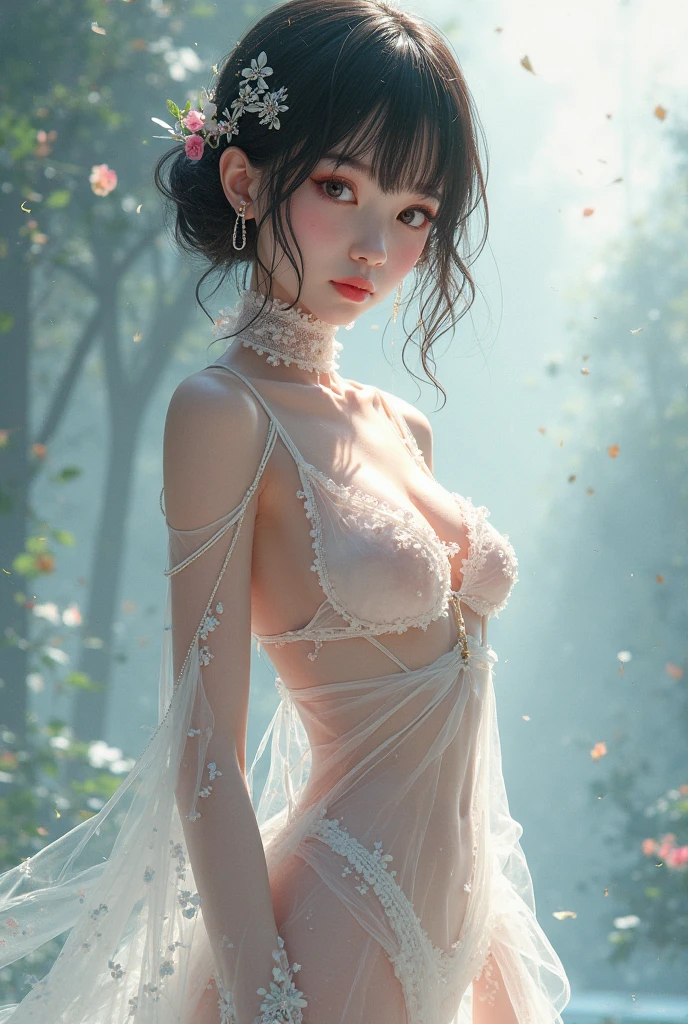 (Girl in a semi-transparent one-shoulder white miniskirt dress）, (photo realistic:1.4), (hyper realistic:1.4), (realistic:1.3), (smoother lighting:1.05), (increase cinematic lighting quality:0.9),. 32K, 1girl,20yo girl, realistic lighting, backlight, light on face, ray trace, (brightening light:1. 2), (increase image quality:1.4), (highest quality realistic textured skin:1. 4),(Big Blue Eyes)、Detailed drawn eyes、Detailed painted face、Fine textured eyes、A shirt that shows off a lot of cleavage、(Accentuates the body line:1.1)、(Beautiful textured skin:1.1)、(Red petals are flying)、（White lace panties are visible)、Slim long legs、
