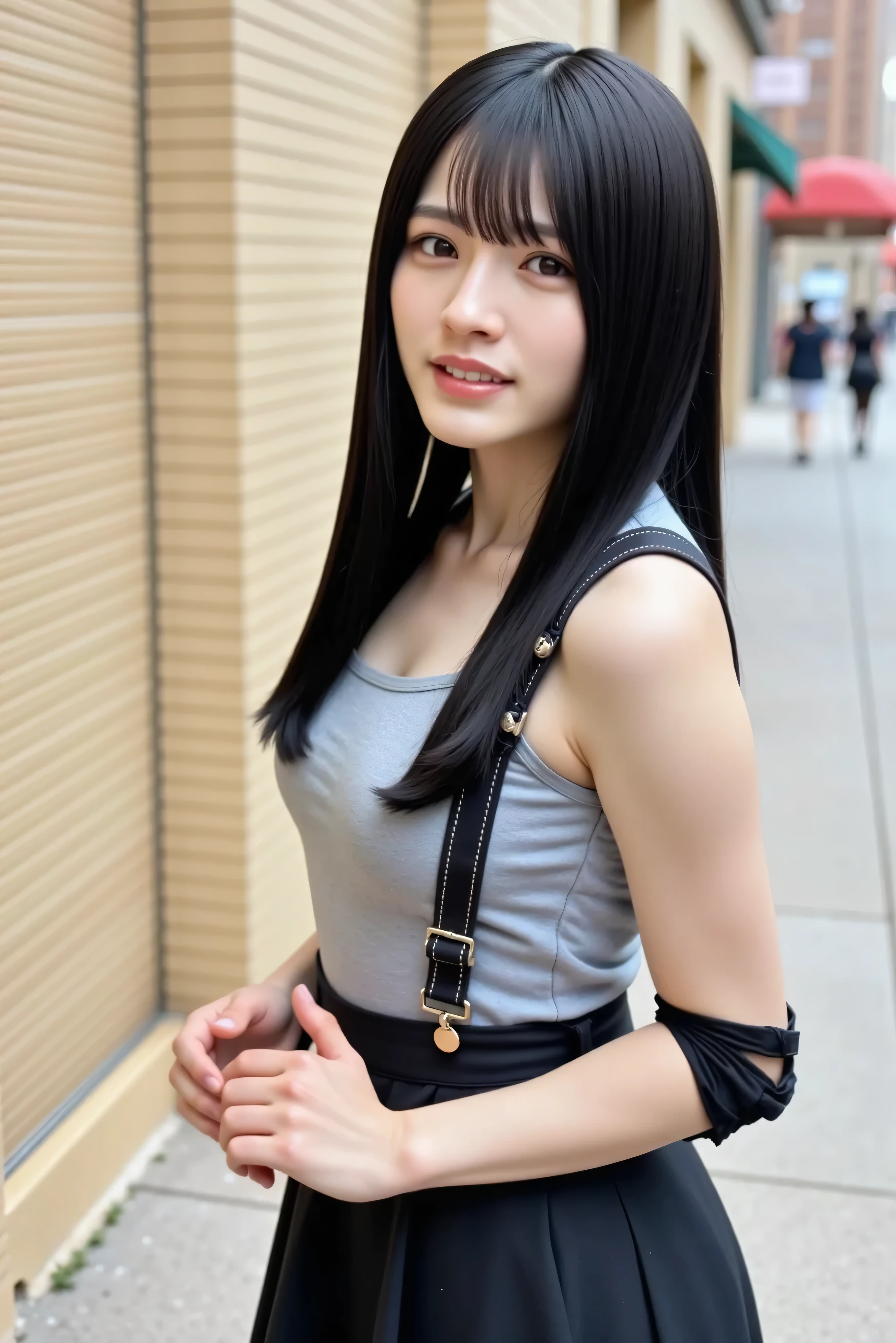 (photorealistic: 1.4), top quality, very delicate and beautiful, high res, 1girl, Tifa_lockhart, smile, cowboy shot with a close cute face, suspenders, low rise, miniskirt by kouenn, tank top, nervous shirt, black hair, long hair, Elbow pads, Beautiful and exquisite red eyes, Face light, Movie Lighting, belly button, High exposure, Exposed belly, ribs, Abs, ( huge breasts: 1.2), Dynamic Poses, dynamic angle,naked nude
