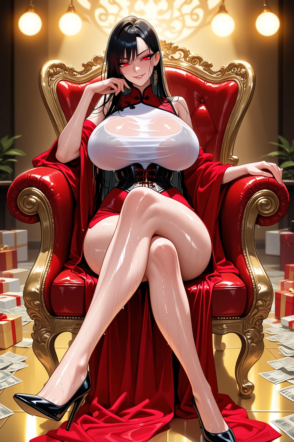 This prompt word features an adult woman, a plus-size model, with vibrant red angel wings detailed with intricate patterns. Her eyes are a deep shade of red, meticulously depicted. Her lips are dripping blood, and the details of her lips are carefully rendered. In one hand, she holds a cup filled with blood, with each droplet intricately illustrated. She is dressed in a stunning red and black wedding gown, featuring a high collar and a closed bust, adorned with a corset and a voluminous skirt. The dress is highly detailed, and the picture shows her entire body, except for her face, which is the focal point. Her face is partially visible, leaving only a glimpse of her complexion. To complete her look, she wears high