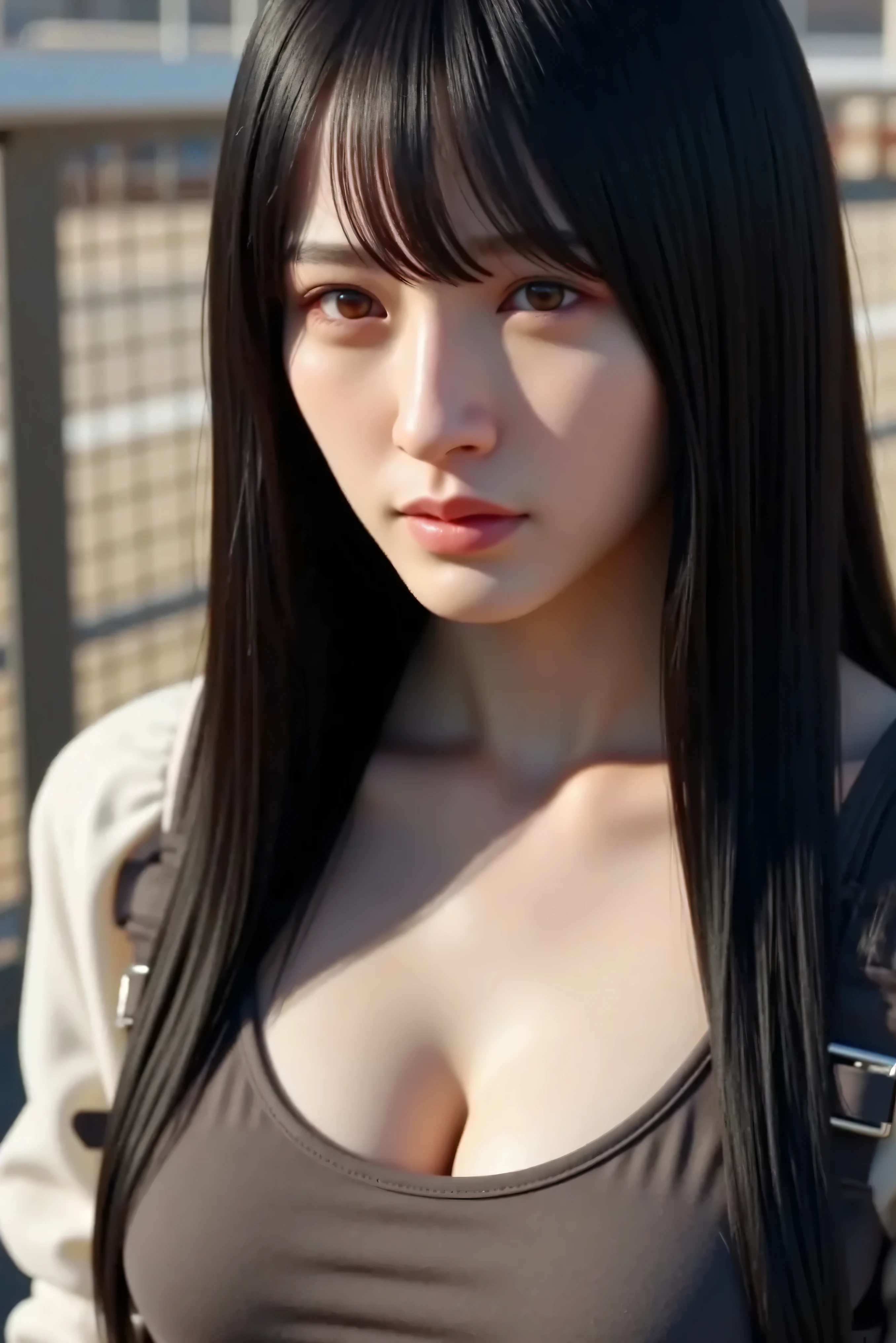 (photorealistic: 1.4), top quality, very delicate and beautiful, high res, 1girl, Tifa_lockhart, smile, cowboy shot with a close cute face, suspenders, low rise, miniskirt by kouenn, tank top, nervous shirt, black hair, long hair, Elbow pads, Beautiful and exquisite red eyes, Face light, Movie Lighting, belly button, High exposure, Exposed belly, ribs, Abs, ( huge breasts: 1.2), Dynamic Poses, dynamic angle,naked nude