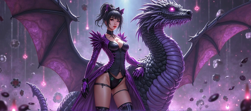 Black and purple giant snake behind a beautiful girl、a beauty girl、Sexy black armor、Purple eyes、Purple hair