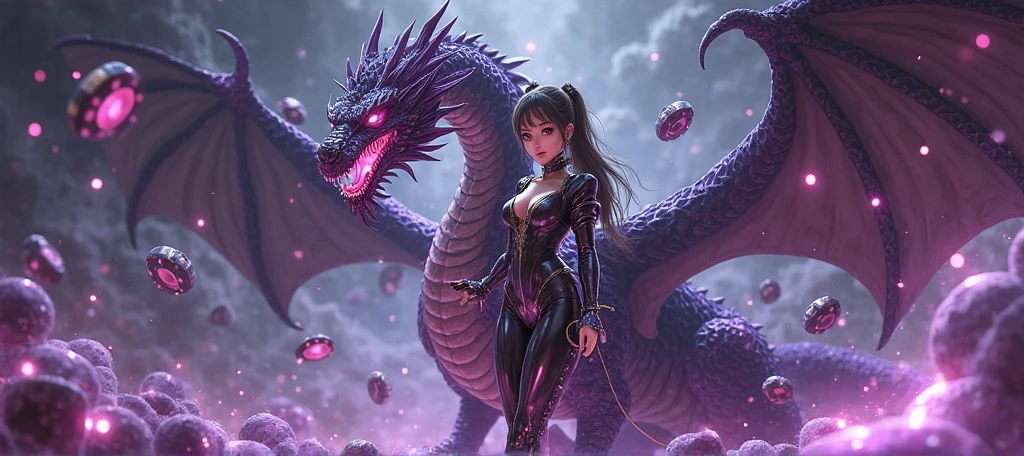 (best quality,4k,8k,highres,masterpiece:1.2, portrait), ultra-detailed, realistic, naked sexy dragon woman with violet glittering scales, skin is glittering amethyst purple scales, medium length black hair with white highlights, very playful but mischievous smile, huge tits, gigantic breasts, naked, nude, detailed crotch, detailed vulva, sexy pose, spread legs, playful, bi-coloured eyes, heterochromia, lustful