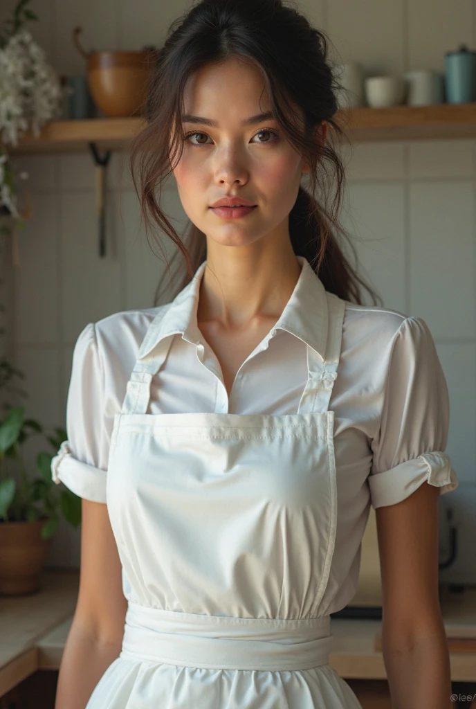 One girl,foot,a girl at building,(((building))),  Braided bangs,Braided Ponytail,(alone:1.2),apron,Thick thighs,Side tie panties, Black Hair, 16 years old,View your viewers, sunlight,Hanfu,nude